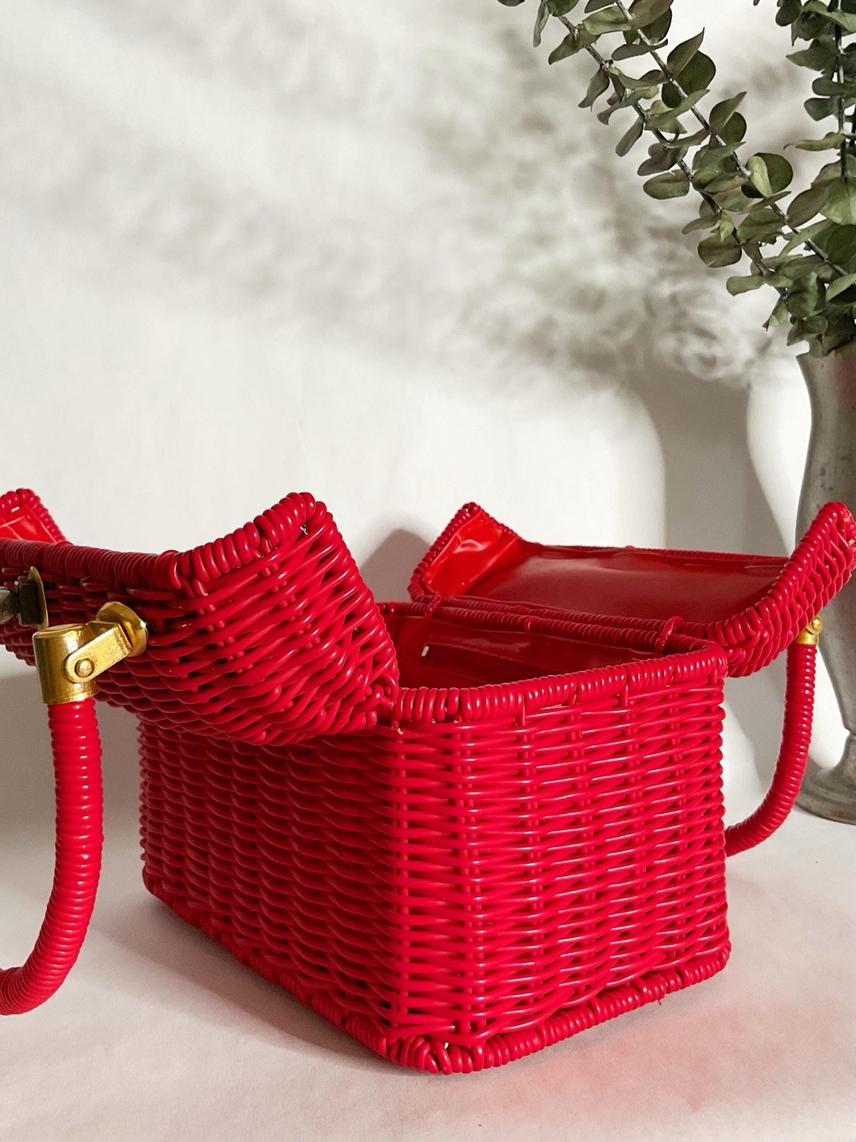 1960s Red Coated Wicker Box Purse, Vtg 60s Handbags, Mid Century MCM Rockabilly