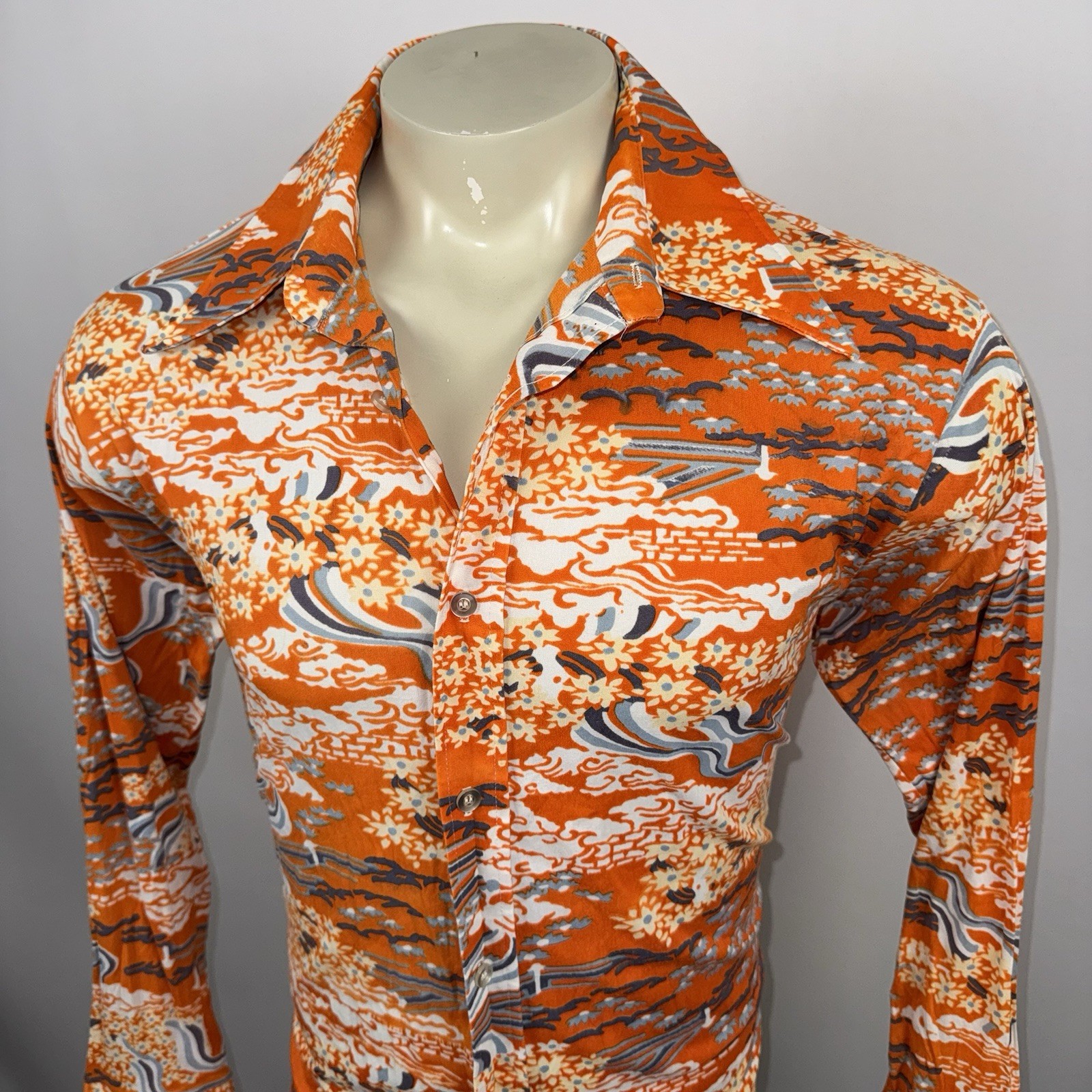 Vtg 60s 70s Disco Shirt Mens XL Abstract Floral Saturday Night Fever Beatnik Mod