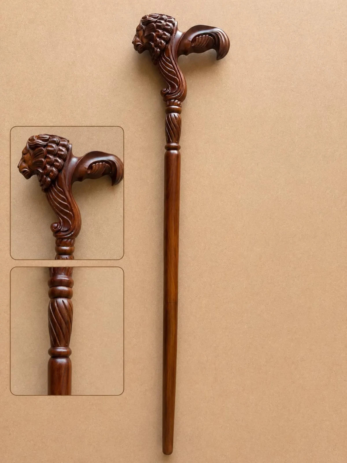 Hand Carved Lion Head Wooden Walking Cane Handmade Walking Stick 30-40 Inch