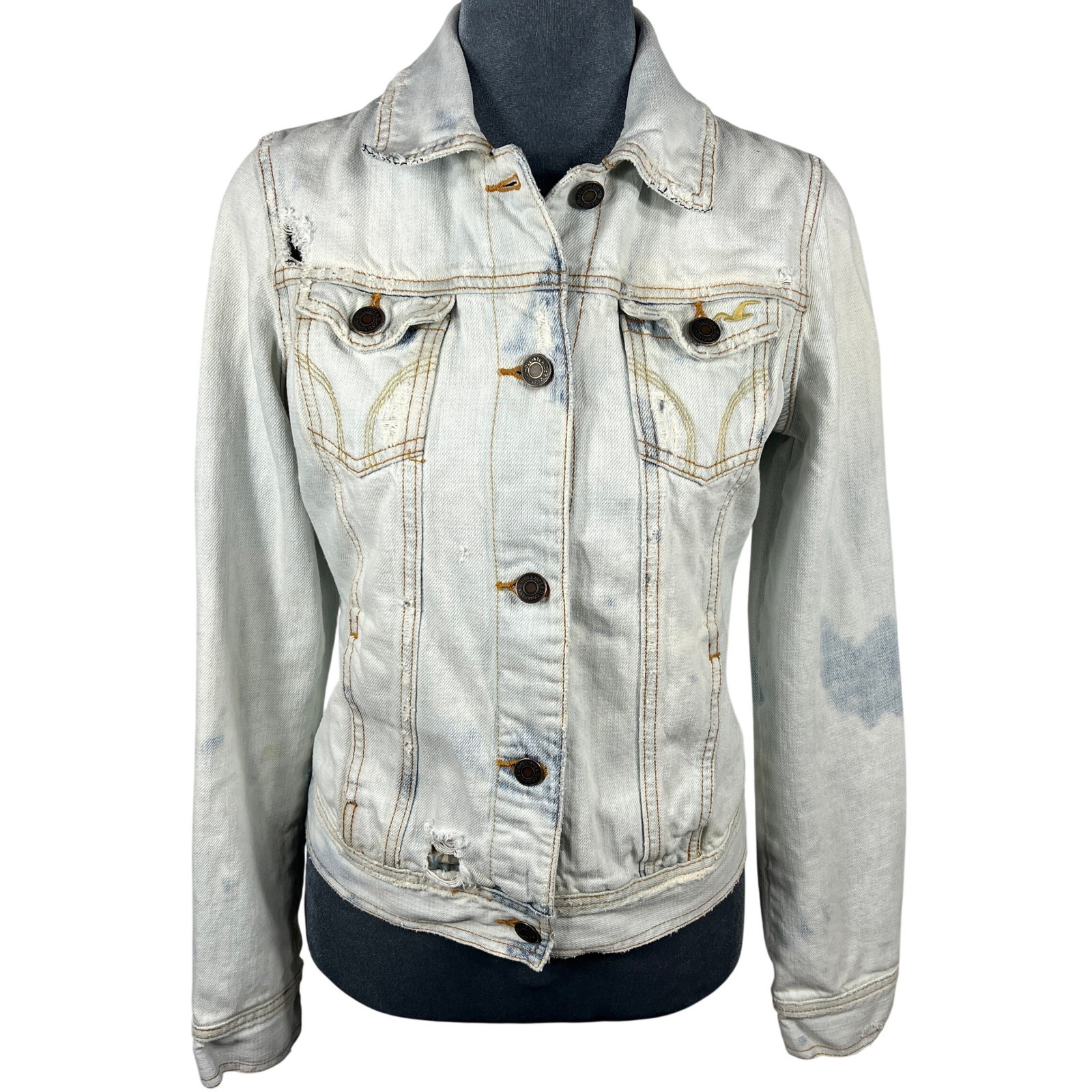 Hollister HCO Y2K Denim Jacket XS/S Trucker Distressed Bleached Thrashed Grunge