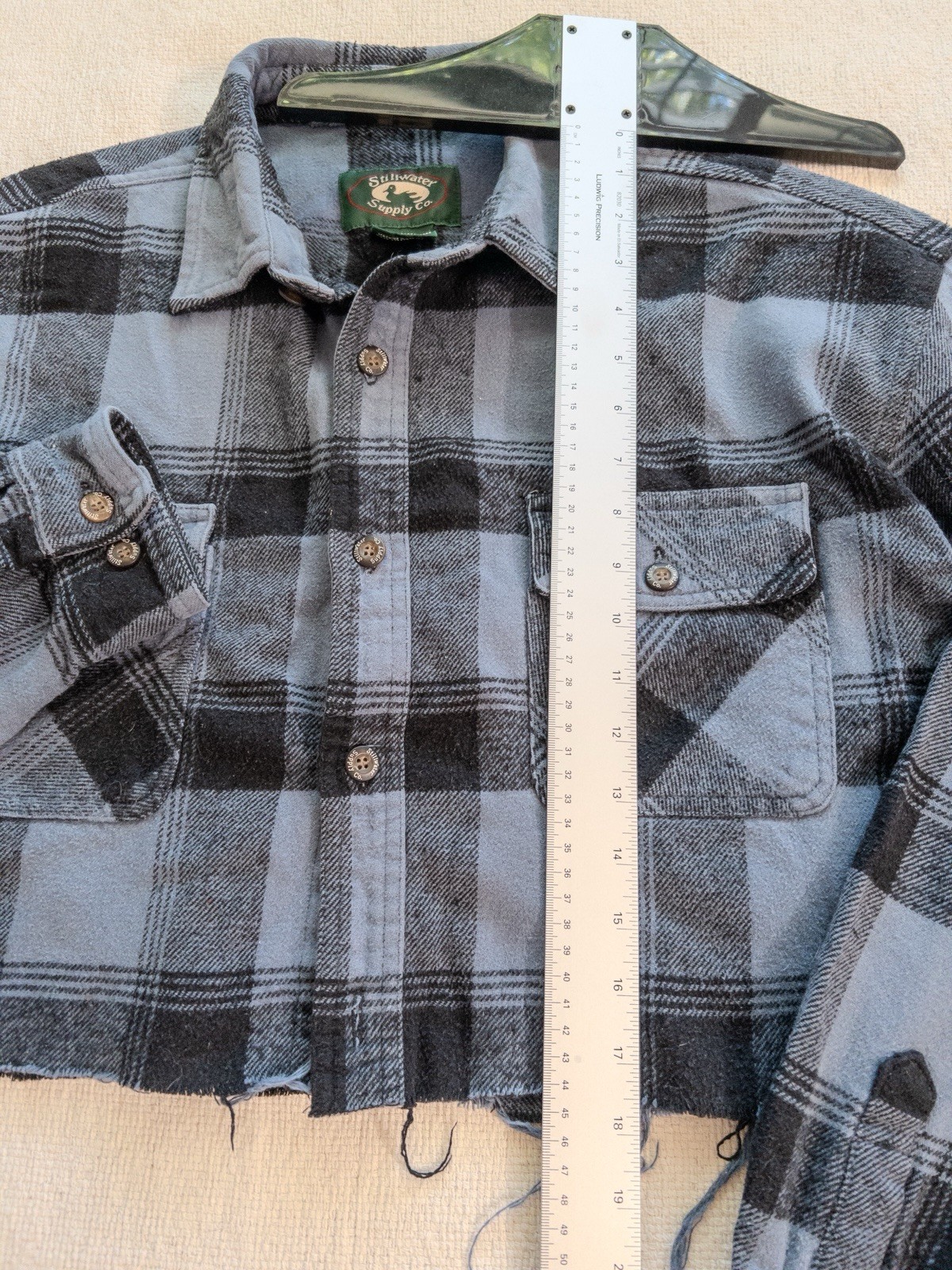 Stillwater Supply Co Cropped Flannel Shirt Womens Large Blue Plaid Raw Hem Y2K