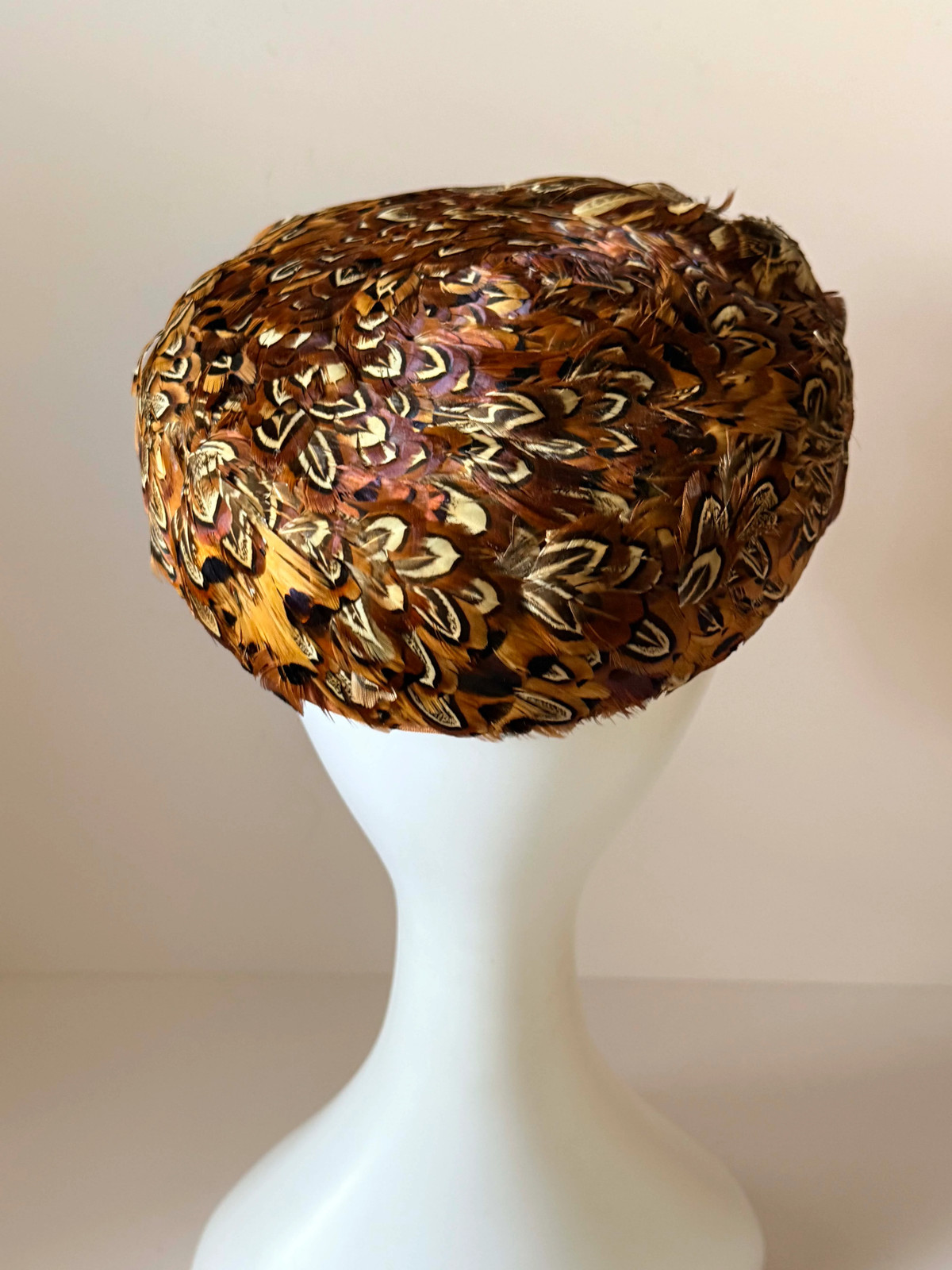 Vintage 1950s Pheasant Feather Pillbox Hat, Natural Feather Cocktail Hat, Brown