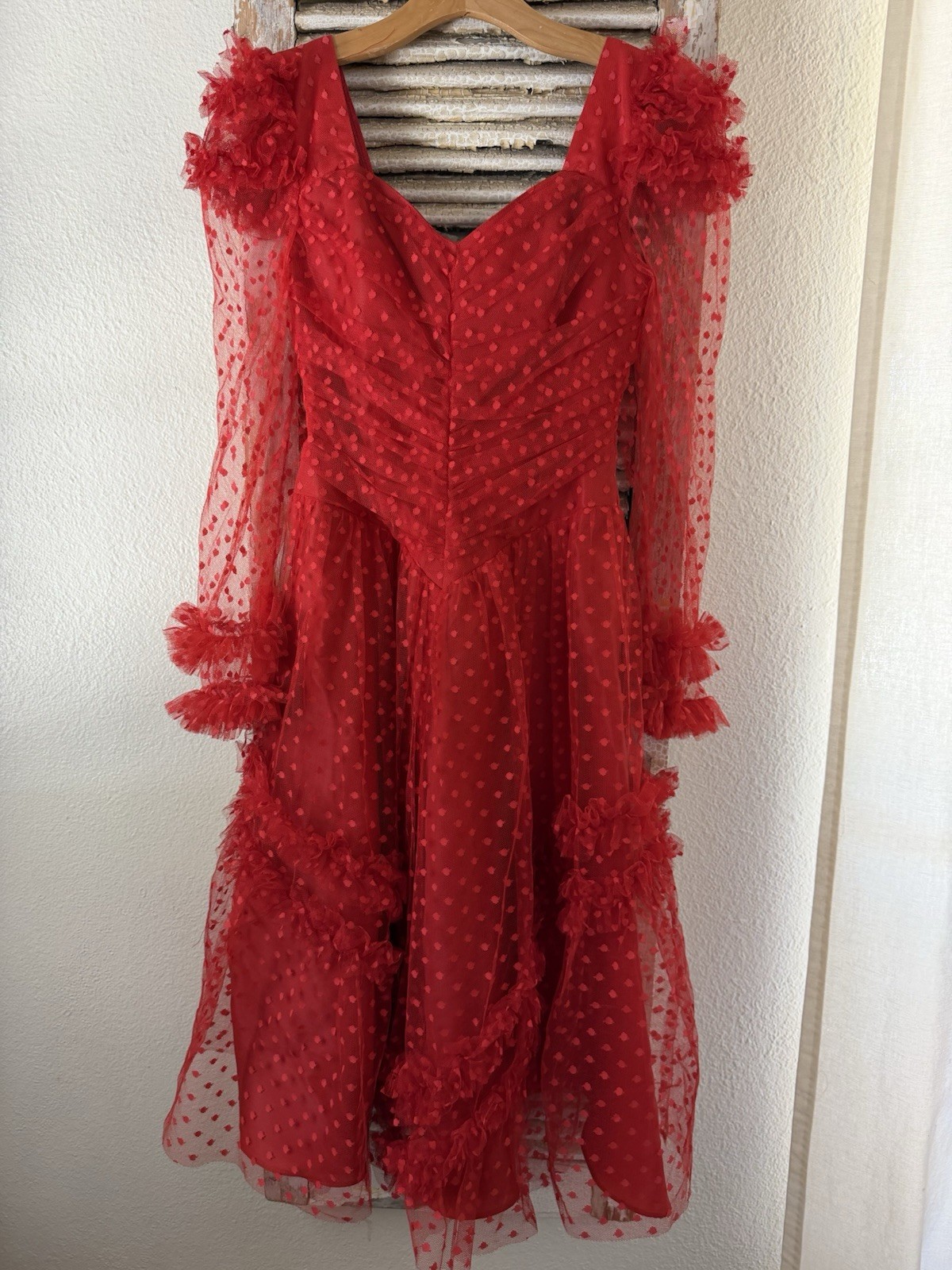B15 Vintage New Leaf by Samir Red Polka Dot Longsleeve Mesh Party Size 4 Small?