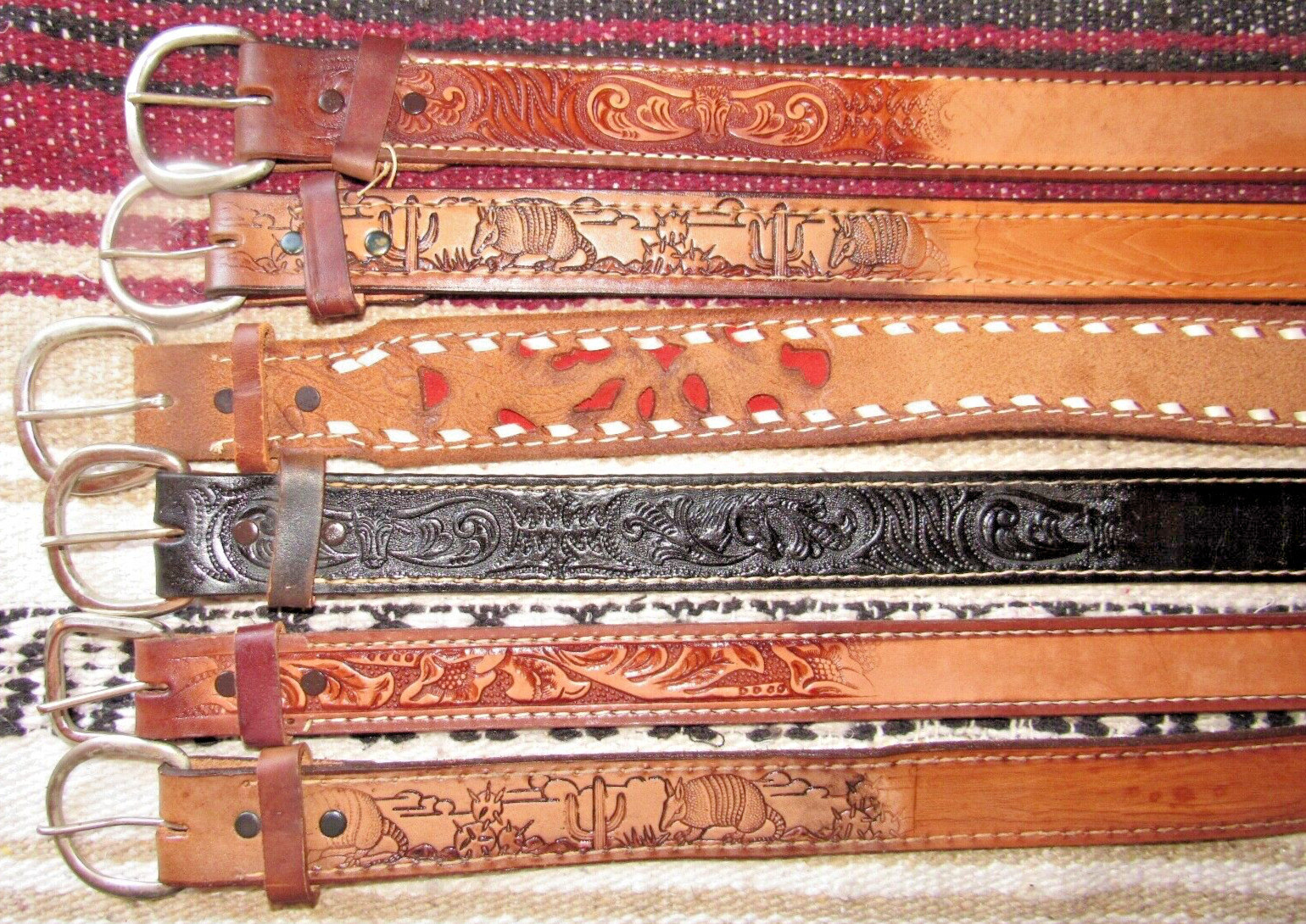 Vintage Western C&M Co Tooled/Buckstitch Leather Belts 6 pc Size 28 NEW