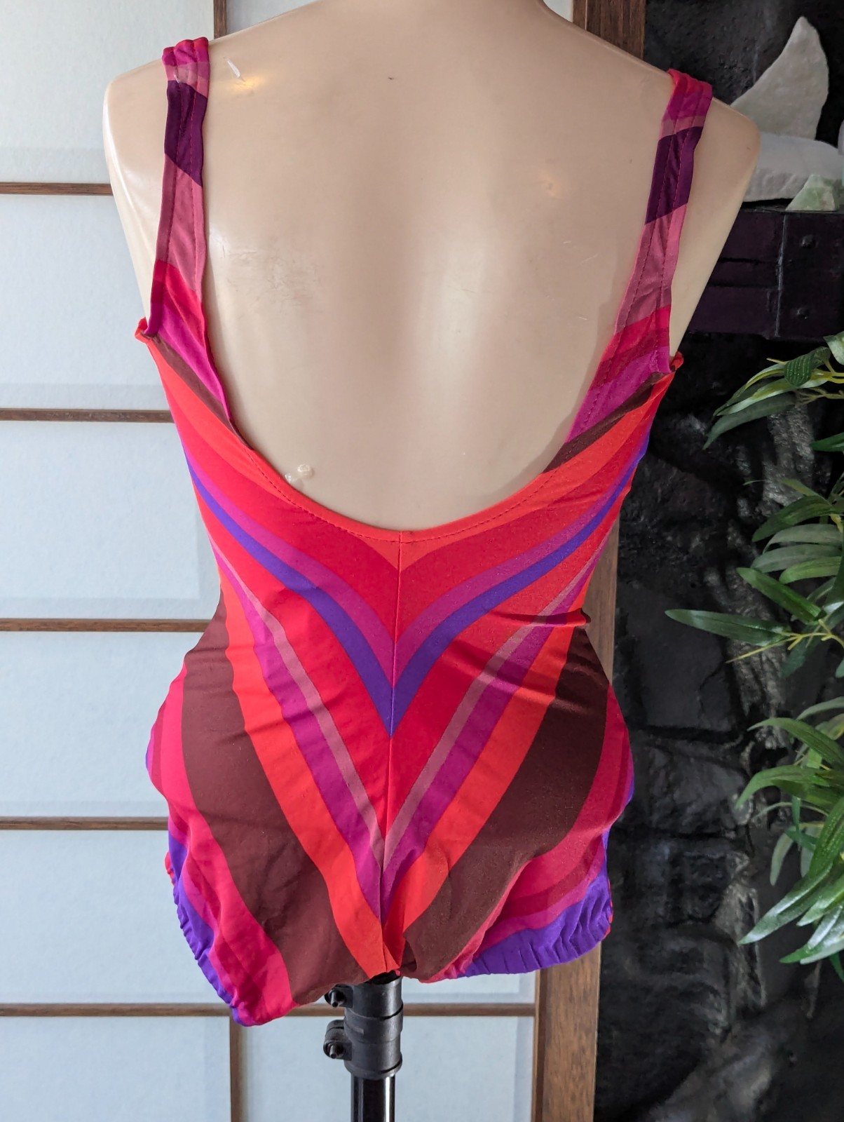 Vtg 80s Cole of Calif Swimsuit One Piece Chevron Stripe Peek-a-boo Button Front