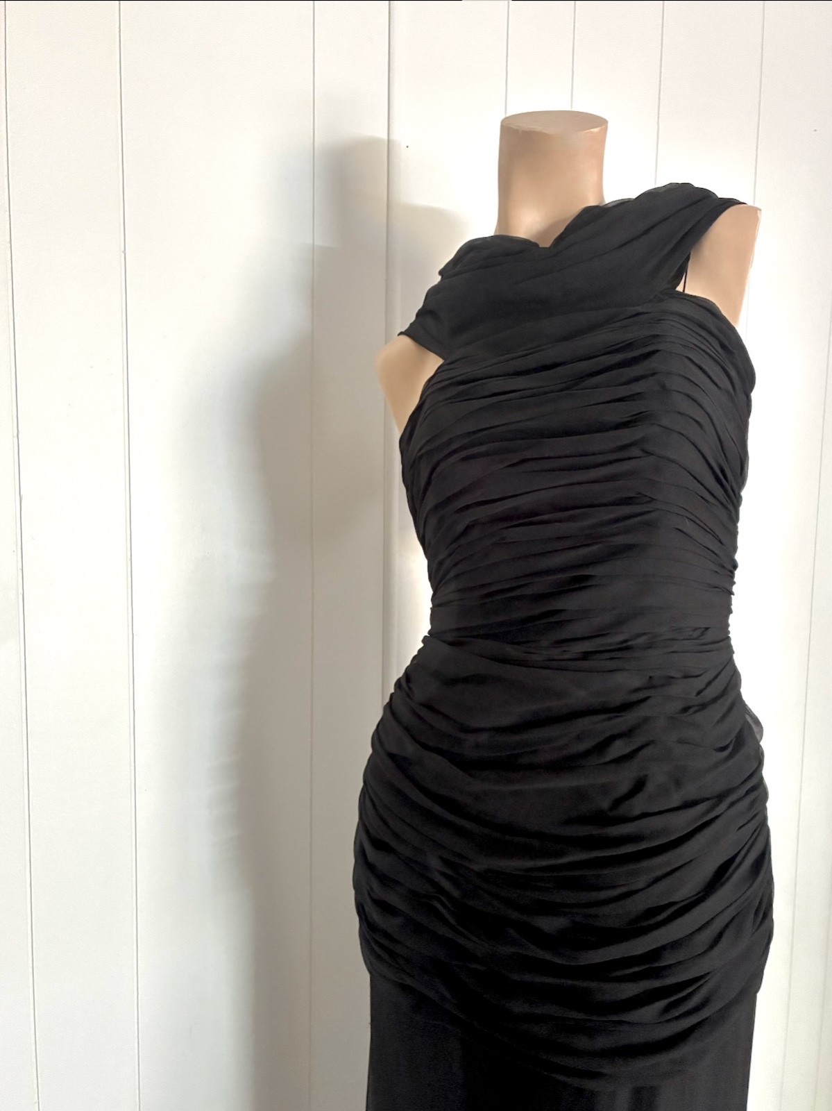 1960s Vintage Dress: Black Silk Chiffon Goddess Gown Watteau + Flower Sz S B34