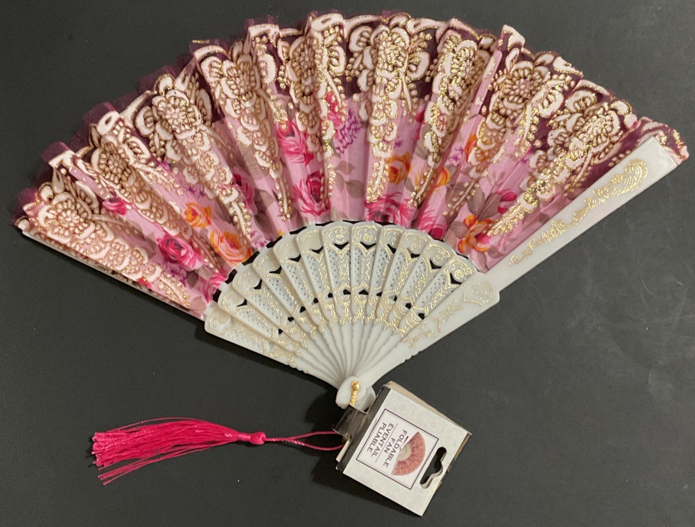 Greenbrier Pink Folding Fan White Plastic Roses Tag 9” Tall 16” Across
