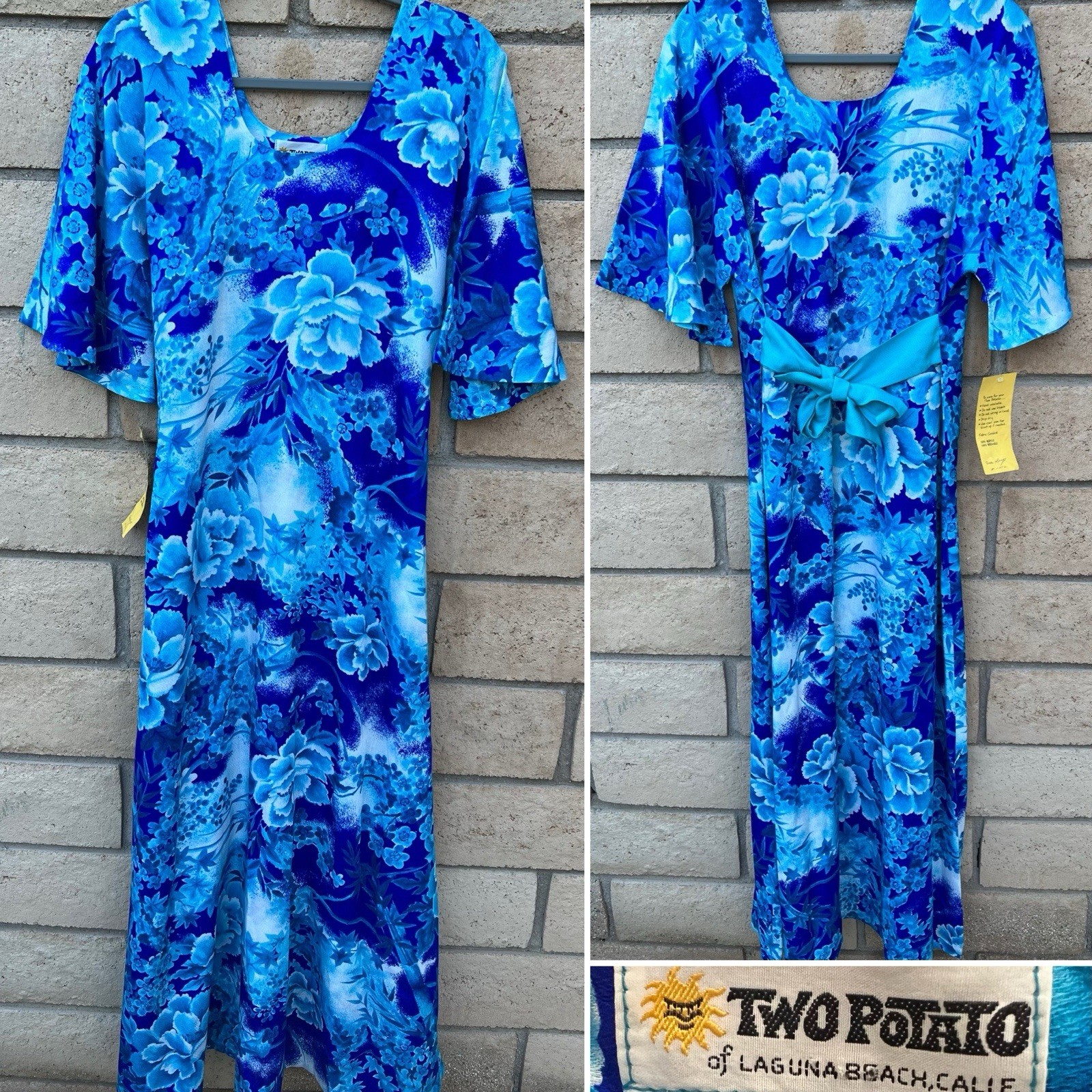 Vintage Two Potato Laguna Beach Blue Floral Maxi Dress Size L Acrylic 1970s