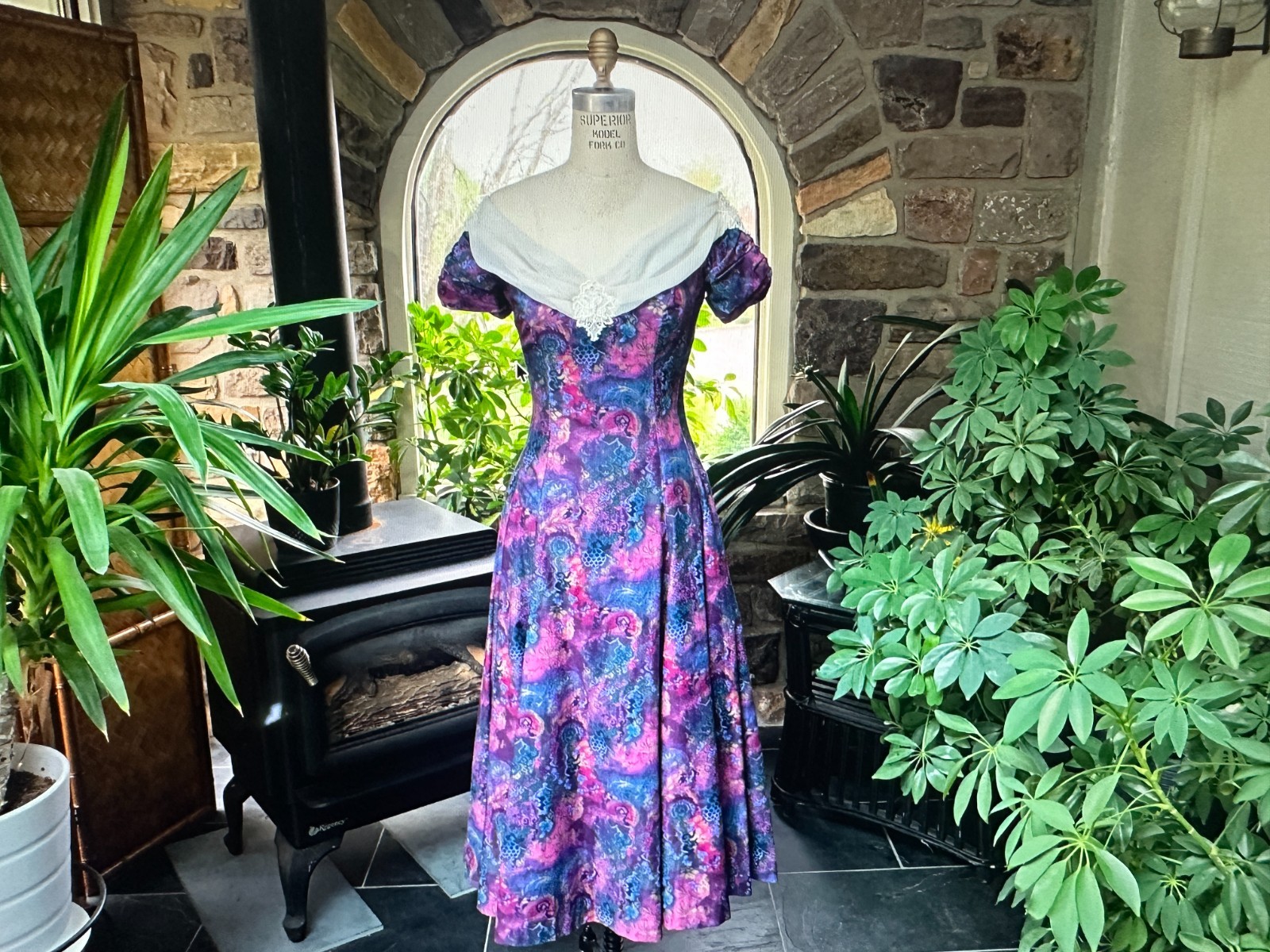 Vintage 1980s Off Shoulder Dress Deep Plum Blue Gold Print Chiffon Lace Neckline