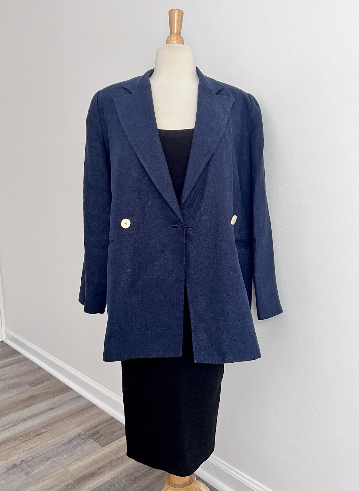 Womens Navy Blue Harvé Benard Lined Linen Blazer Jacket Size M Vintage