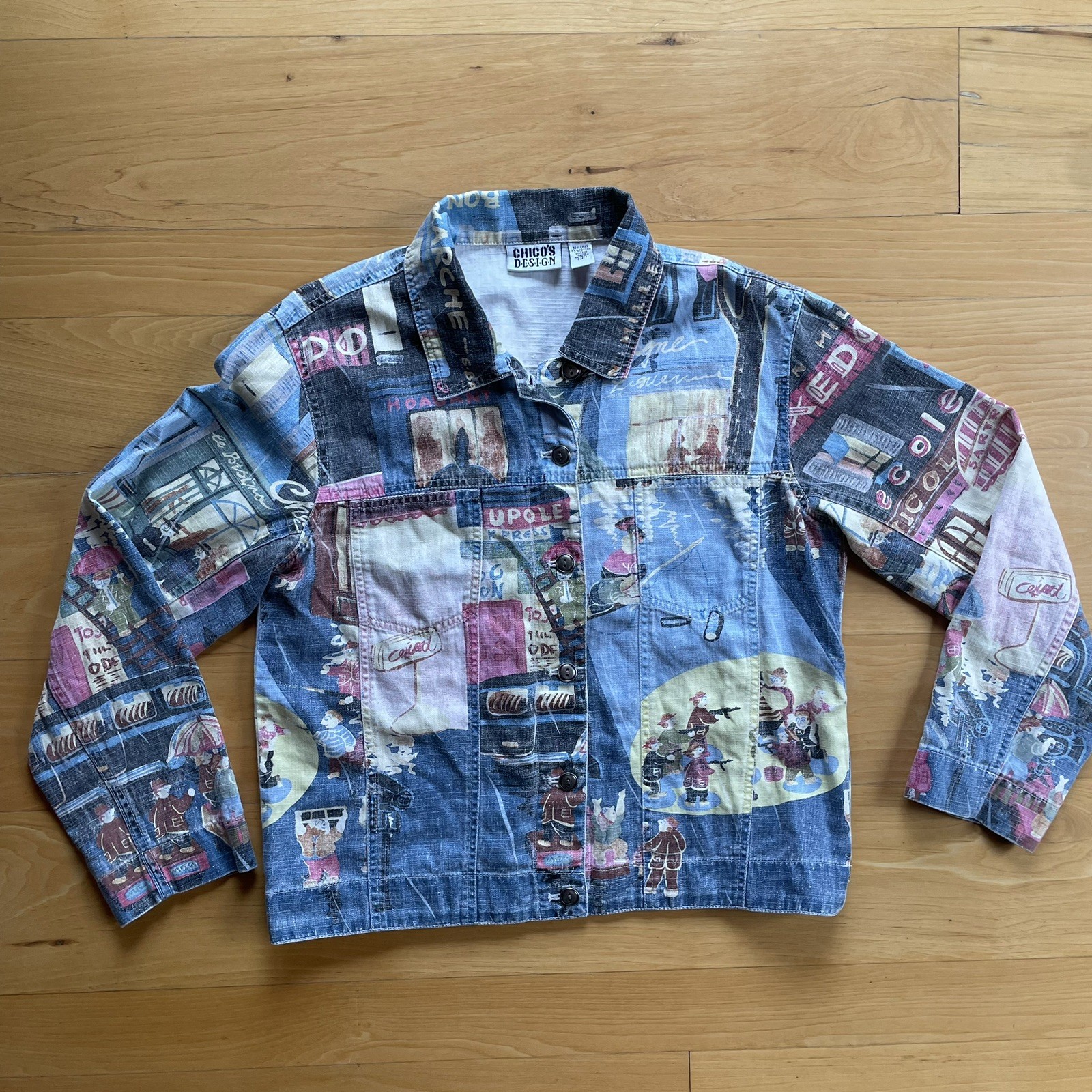 Vintage Chico’s All-Over Print Cotton/Linen Shirt Jacket Sz S/M French Scene
