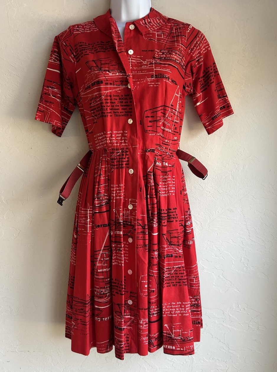 Vintage 60s Rare Villager Nautical Sailboat Blueprint Novelty Shirtwaist Dress 8