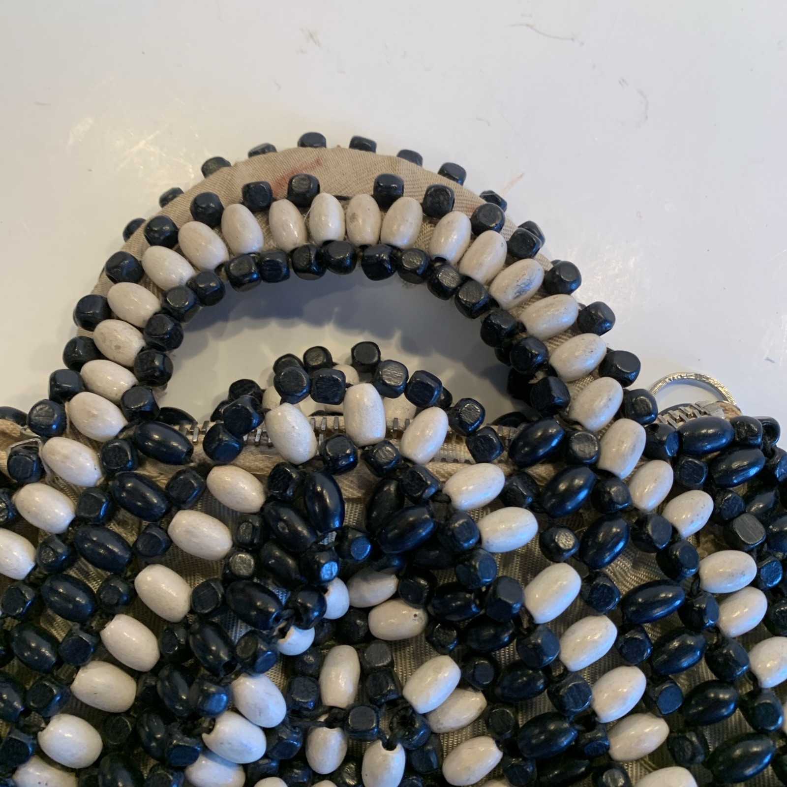 Art Deco Vintage Small Clutch Czech Black And White Wood Beads Zippered Purse
