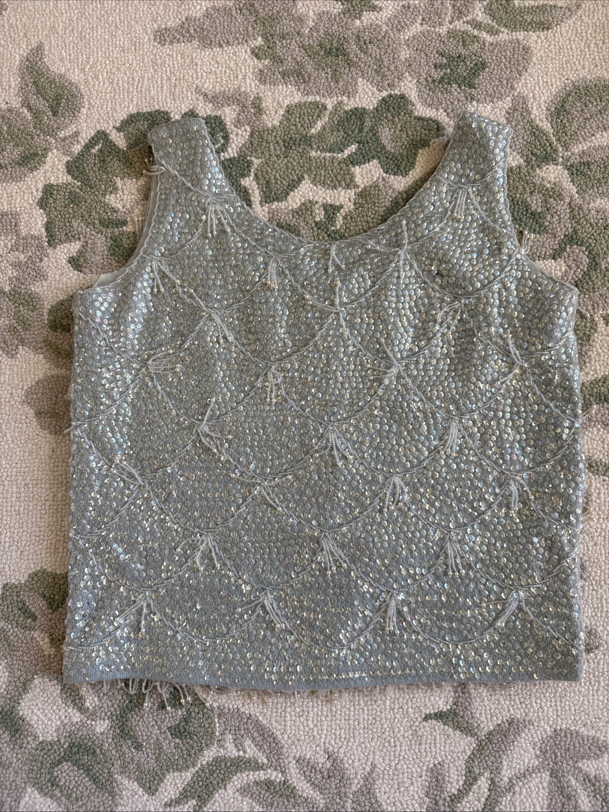 Pastel Blue Hand-beaded And Sequined Vintage Mid-19th Century Wool Top Size S/M