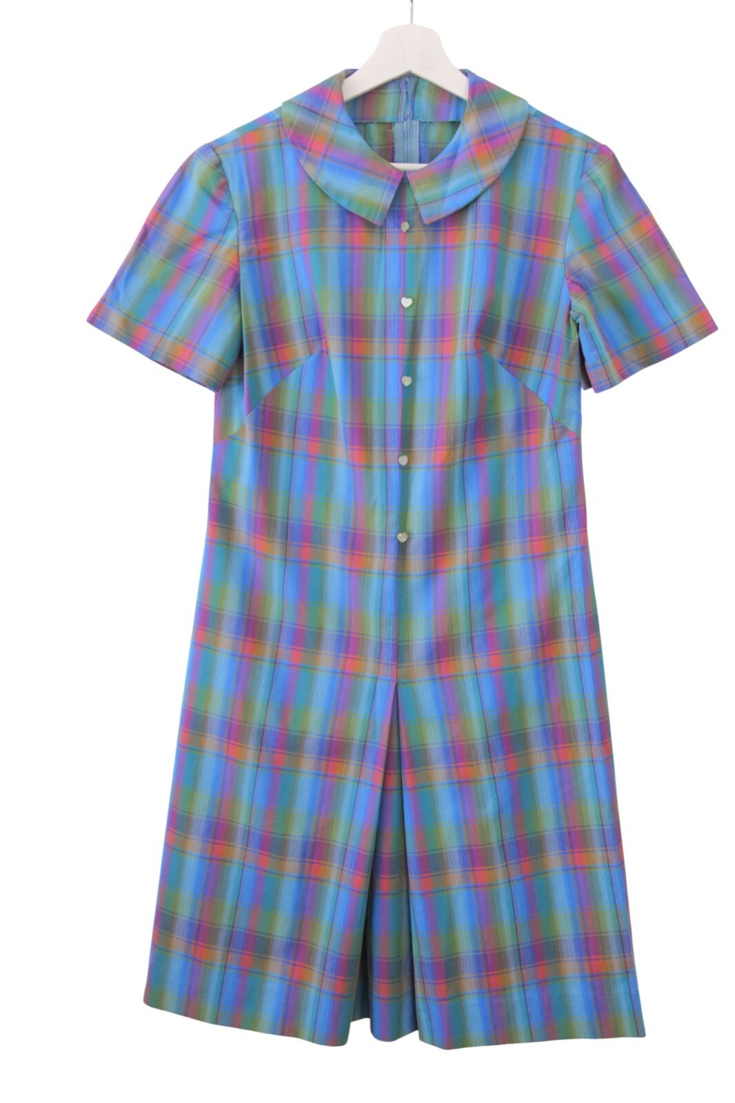 Vintage 60’s Plaid Peter Pan Collar Heart Buttons Pleat Shift Dress Small