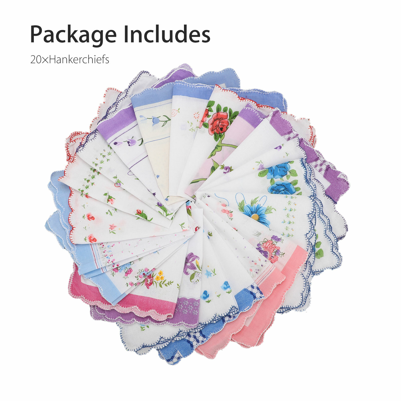 20PCS Women Vintage Floral Flowers Handkerchief 100% Cotton Square Hanky Ladies