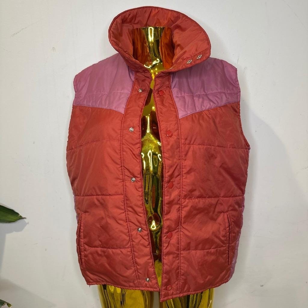 Vintage 70s Briarcliff Red Pink Colorblock Puffer Vest Women Upcycled MEDIUM
