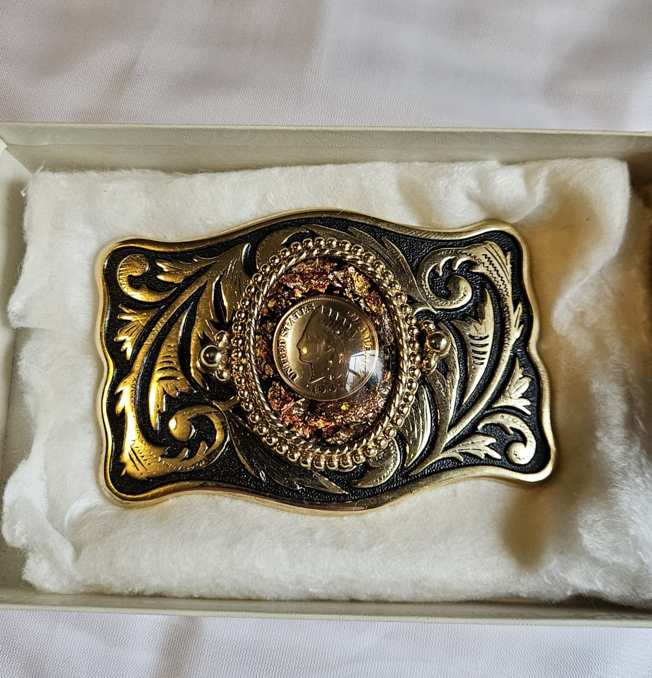 1907 Indian Head Penny Belt Buckle gold tone copper flecks and resin