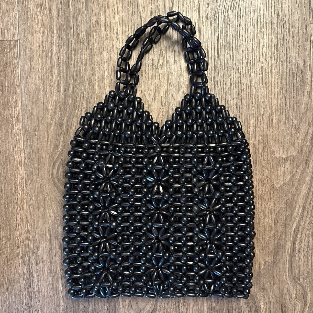 Vintage 1970S Black Wooden Bead Handbag. Medium