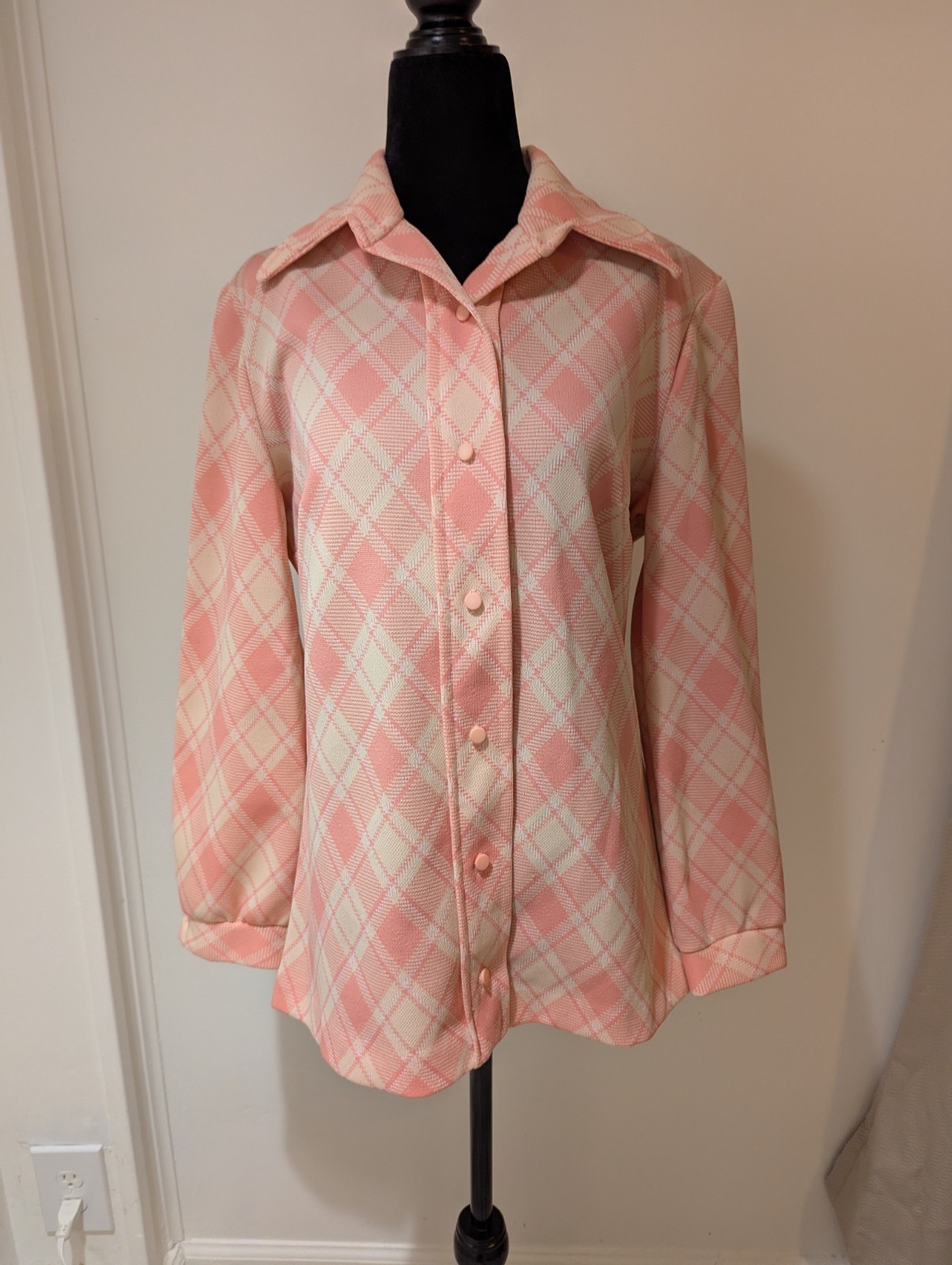 Vintage 1970s Stage 7 Womens Long Sleeve Button Up Shirt Sz 14 Pink Check Dacron