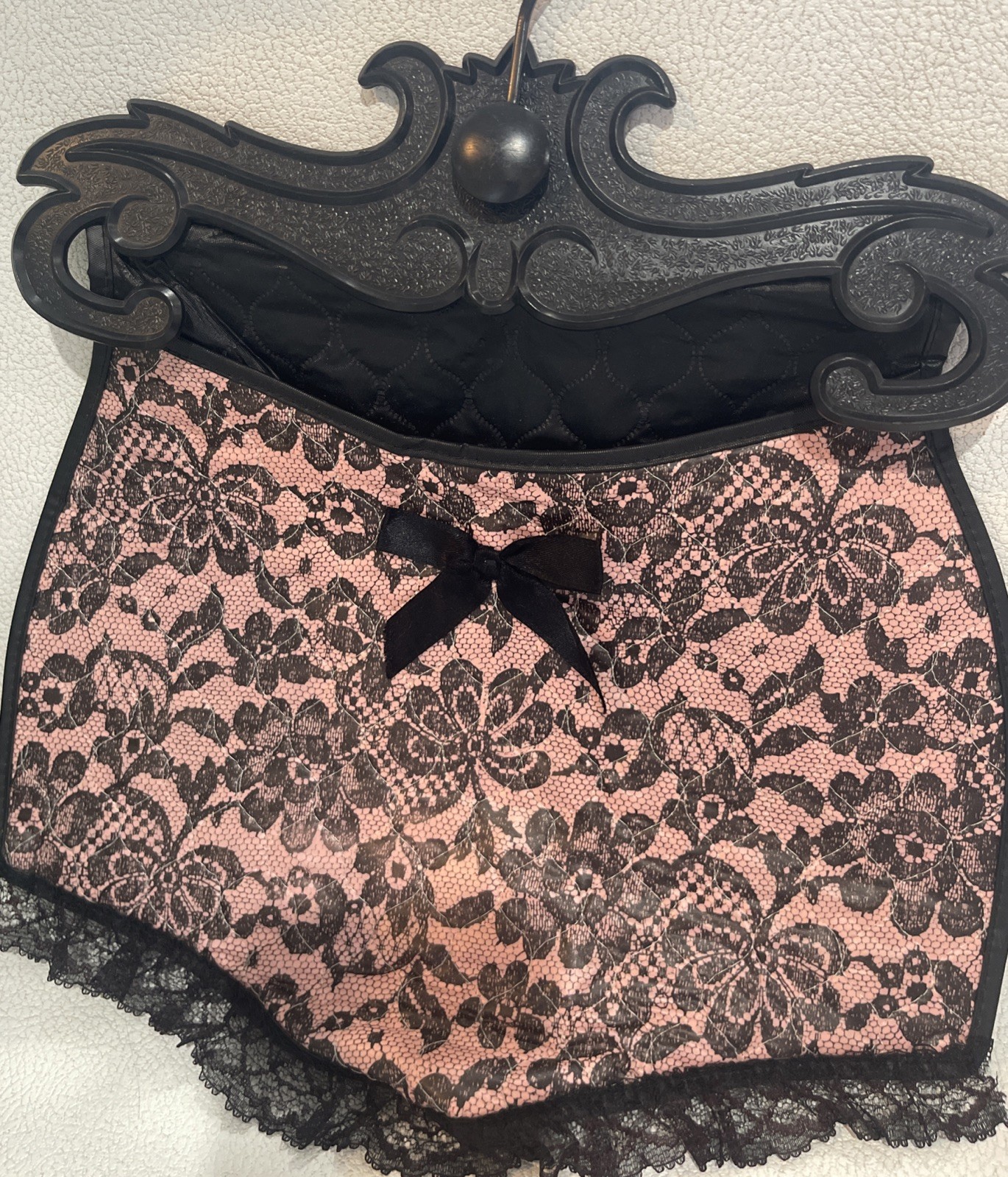 Quilted Vinyl Hanging Lingerie Bag Pink with Printed Black Lace, Plastic Hanger