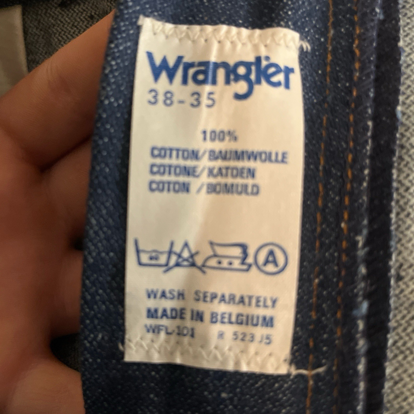 Rare Vintage 1979 Deadstock Wrangler Jeans. Made in Belgium. 38×35. Lot 11-0005.