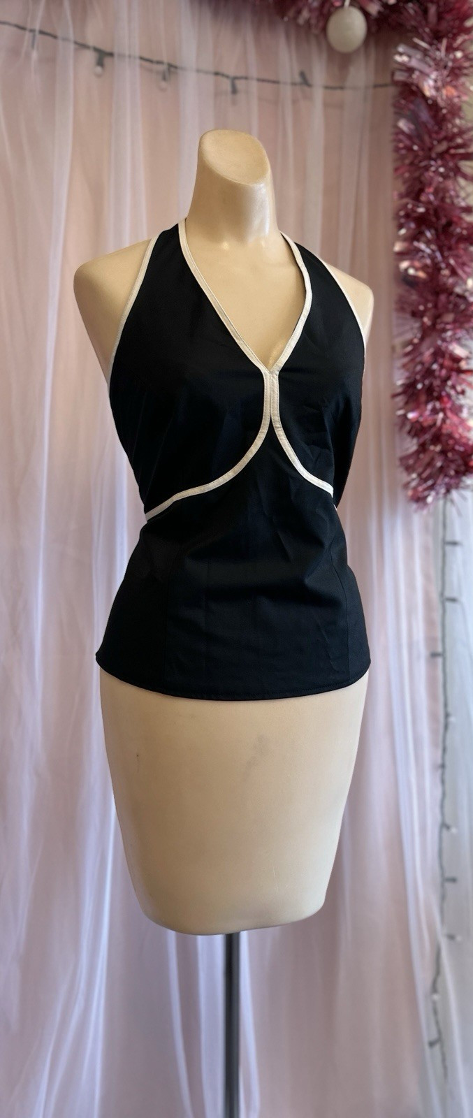 Vintage 90s Y2K Halter Top Black White Stretchy 2000s Minimalist Open Back L/XL