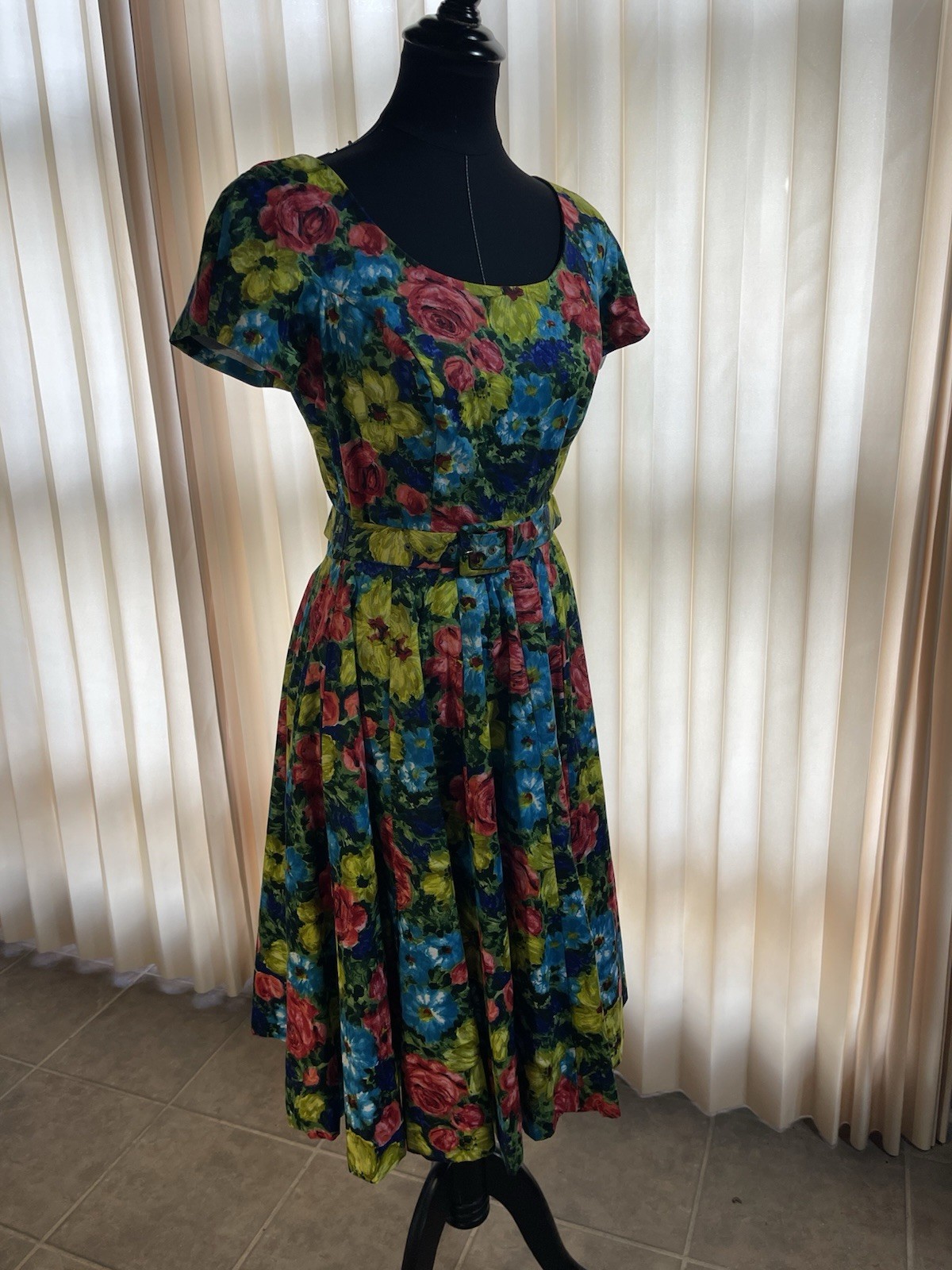 NWOT Vintage 50s Multi Floral Cotton FULL Dress JEUNESSE Pockets BELT M L SPRING