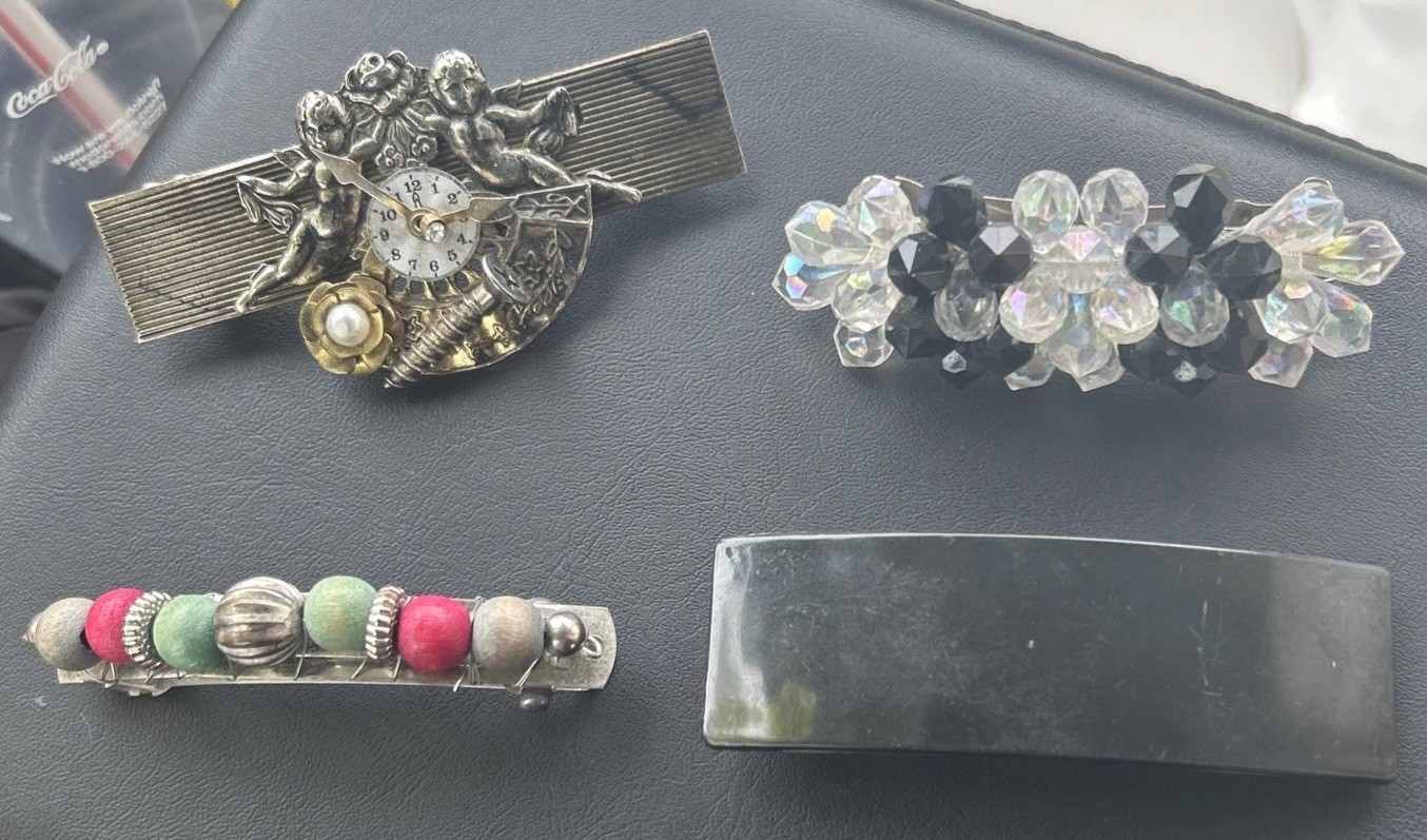 Lot Of 4 Vintage Hair Clips Steampunk Cherub, Wooden Beads, Crystal, Black. READ