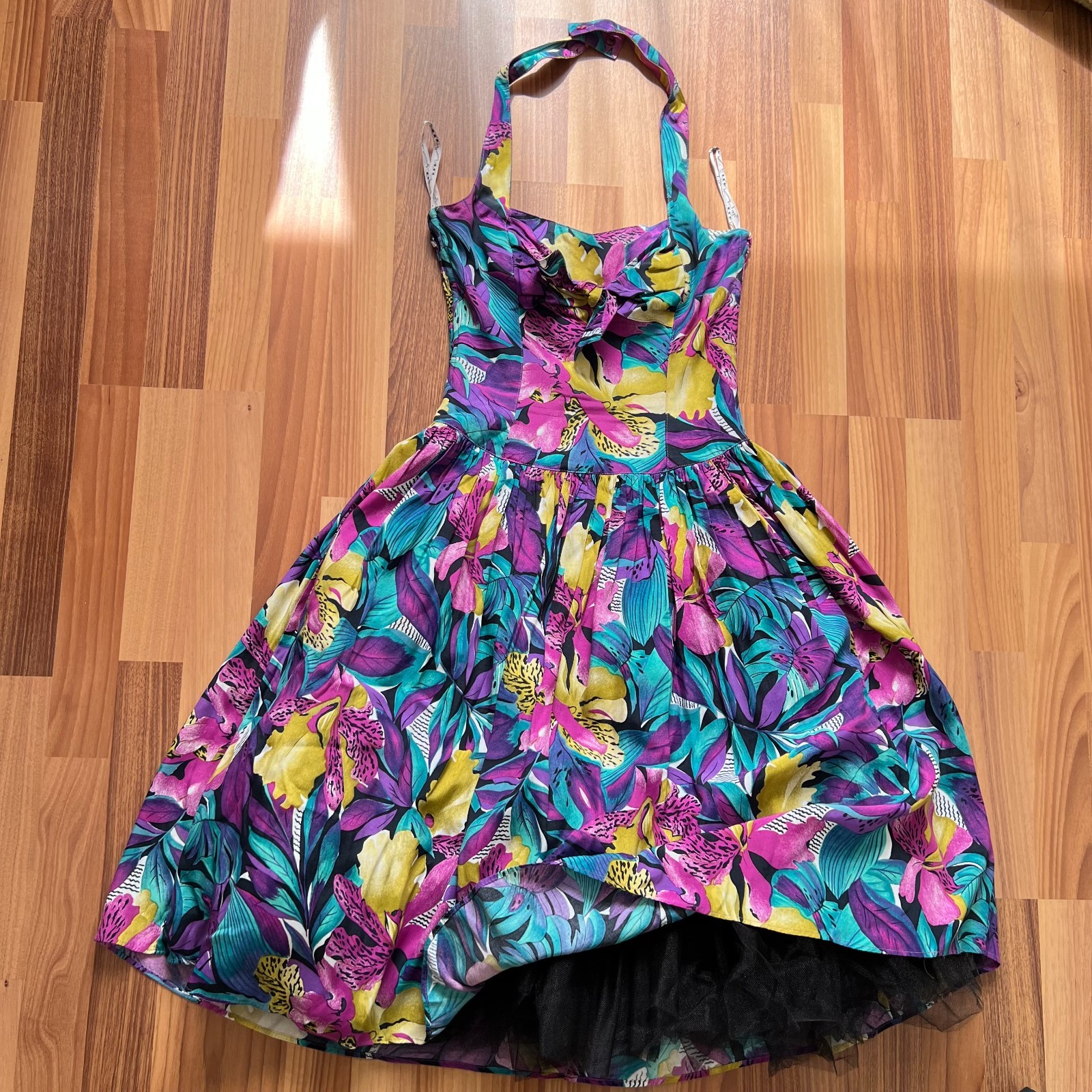 1980s West German Tropical Print Halter Neck Midi Dress Rockabilly 80s Does 50s
