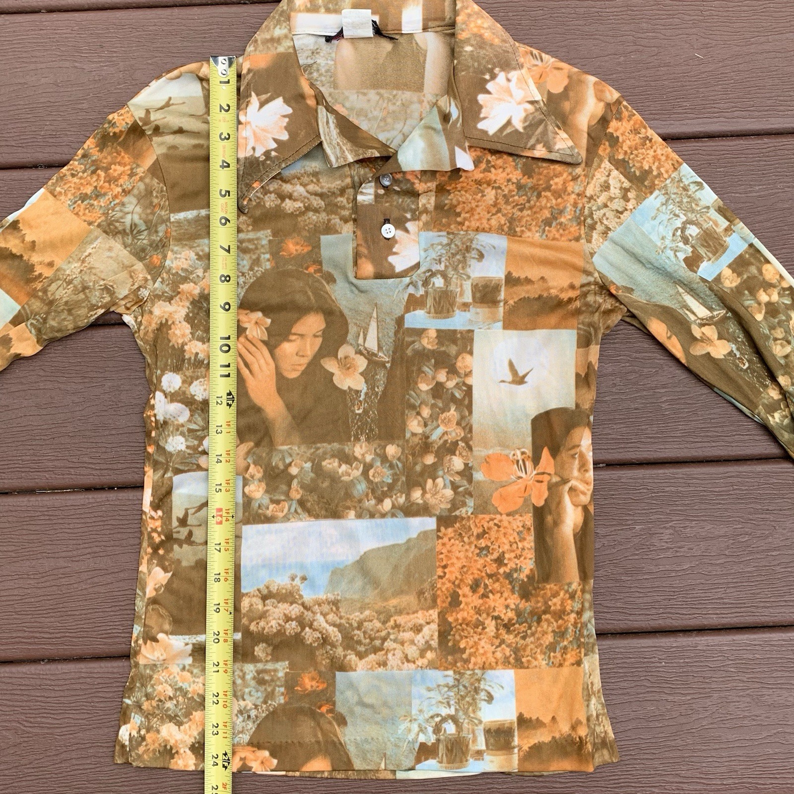 Vtg 70s Hawaiian Themed All-Over Print Shirt Lrg LS 2 Button Disco Acetate/Rayon