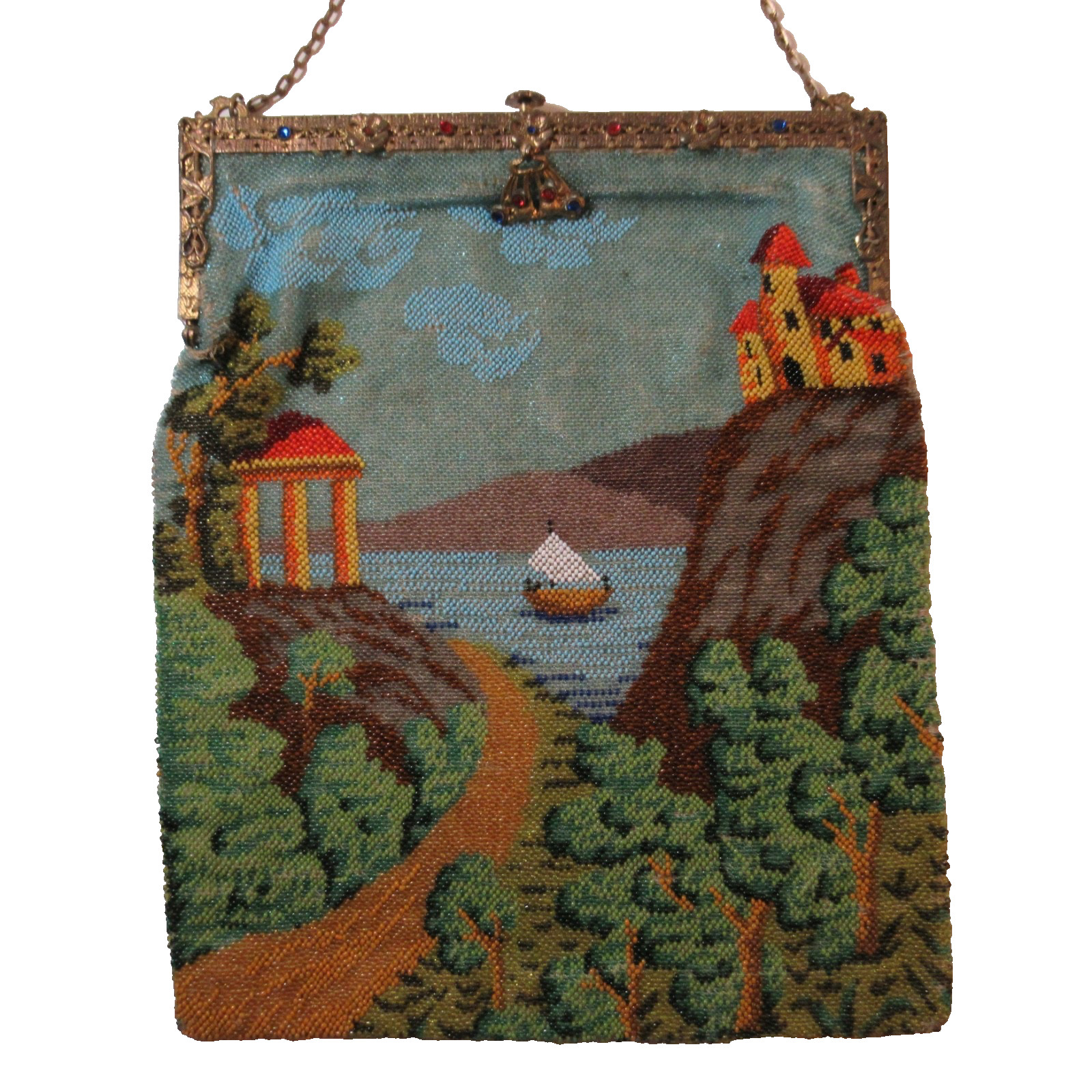 Antique Vintage Beaded Purse Scenic Castle Boat Mountains -SELLER PAYS US TARIFF