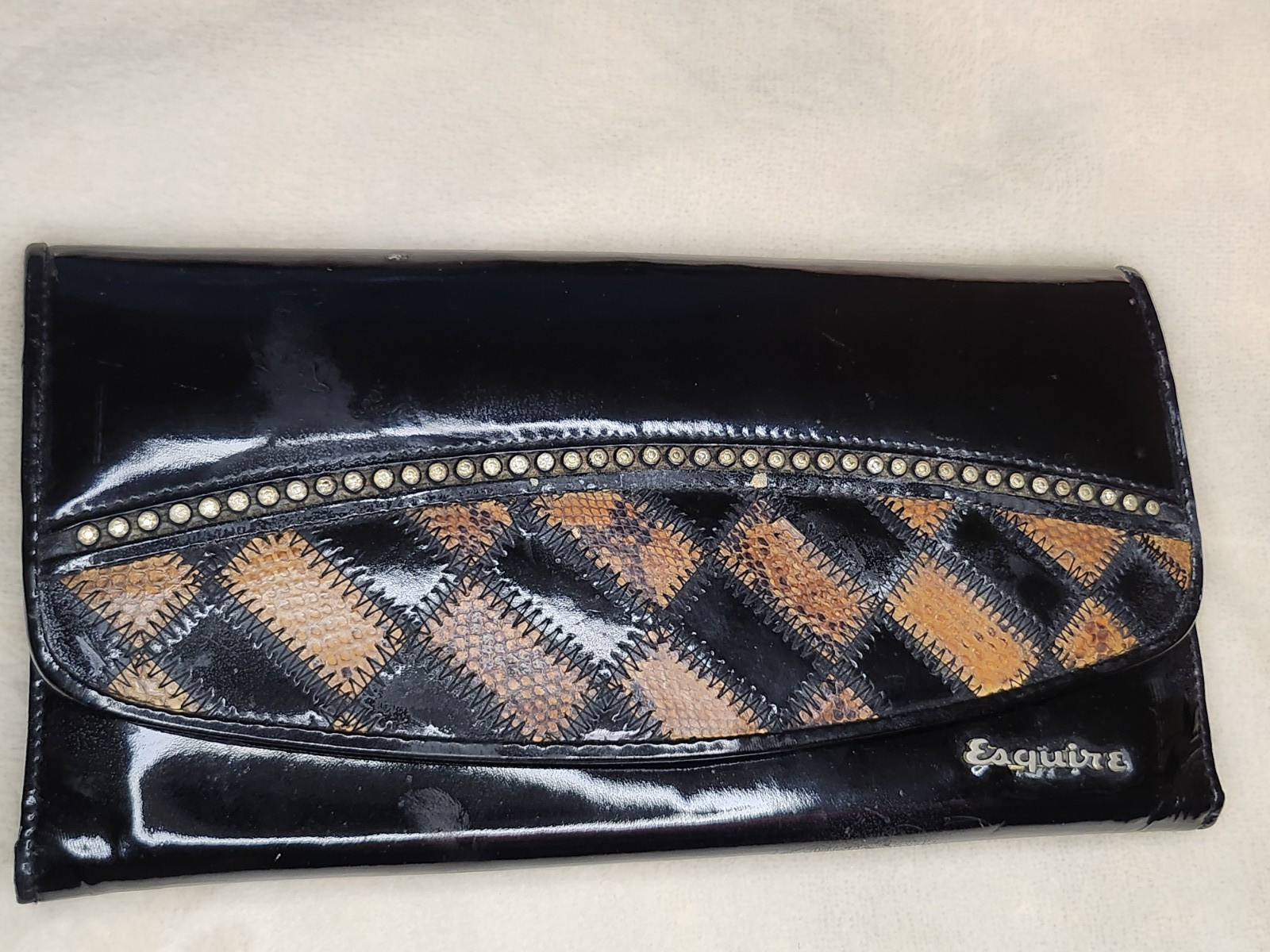 Vintage Esquire Black Patent Leather Clutch Wallet Snakeskin Trim