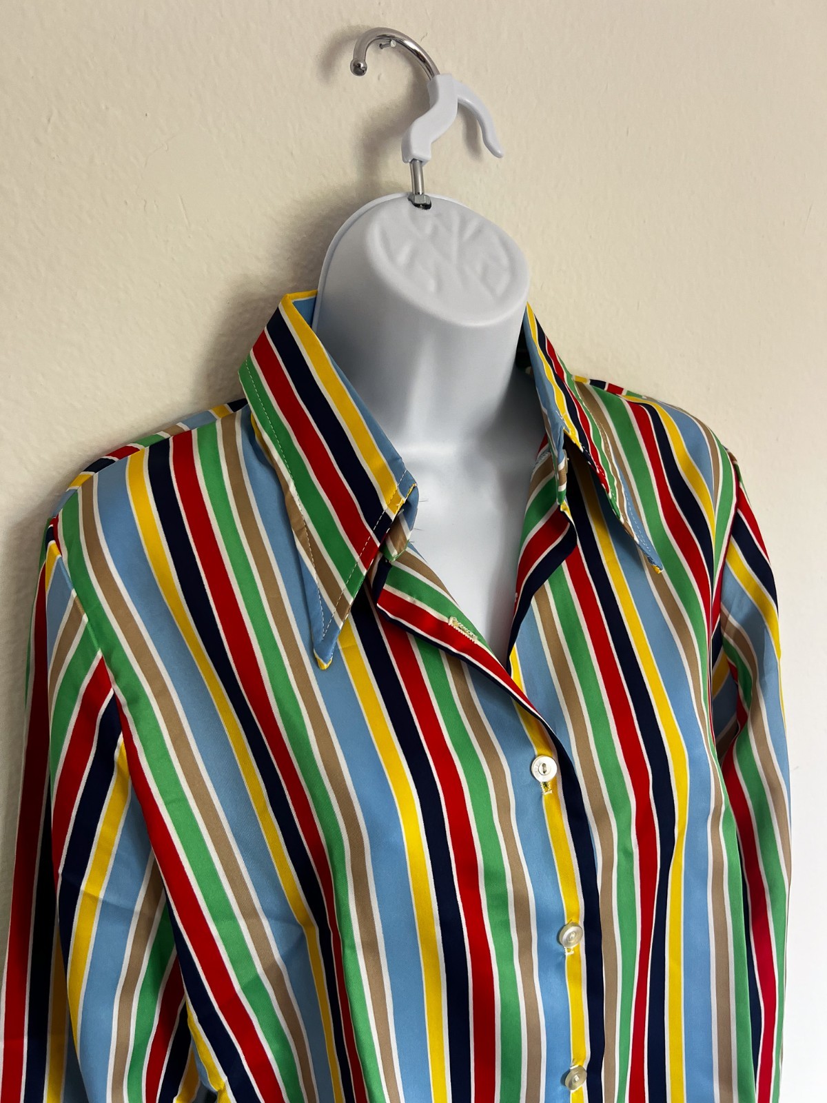 Vintage 70’s Spiegel Colorful Polyester Blouse Shirt Button Up Striped Size 10