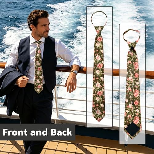 Mens Ties 3.15″ Pre-tied Adjustable Necktie Printed Fashion Neck Tie Green Rose