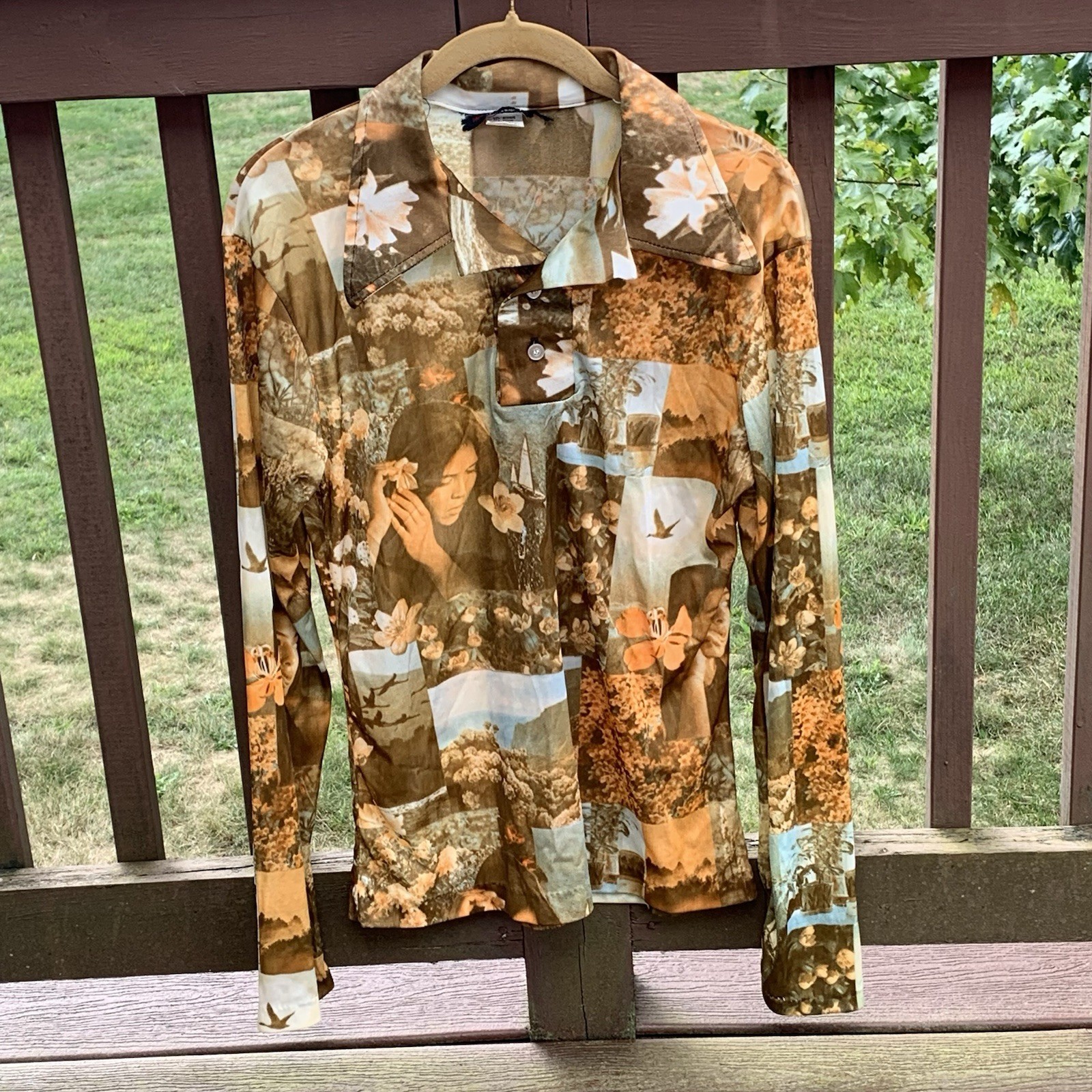 Vtg 70s Hawaiian Themed All-Over Print Shirt Lrg LS 2 Button Disco Acetate/Rayon
