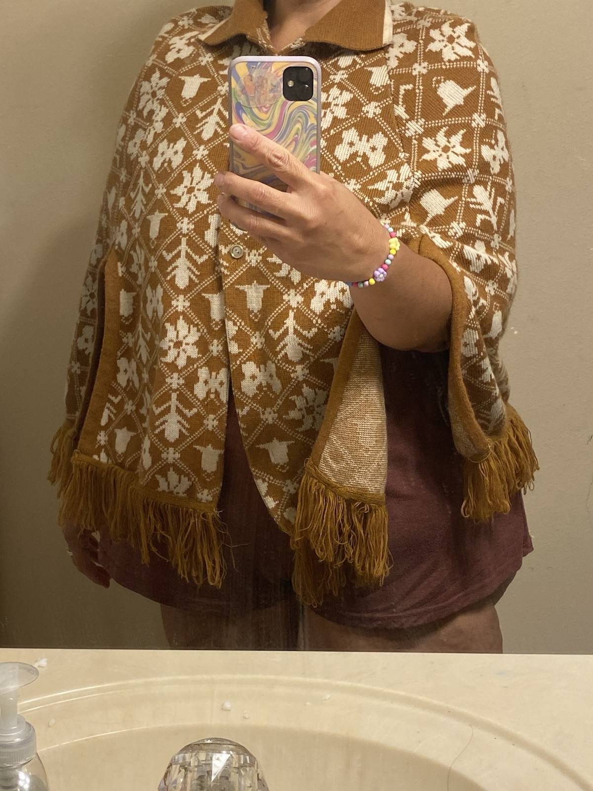 VTG OOAK Women’s Handmade Knit Cape Poncho Fringe Folk Art Boho Wester L/XL 70s