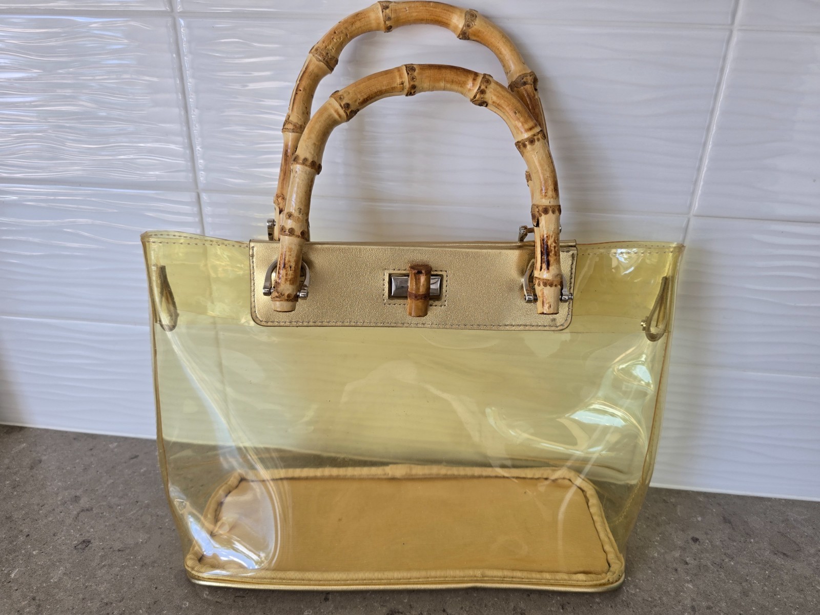 Vintage Women’s Clear Stadium Purse Bag with Bamboo Handles