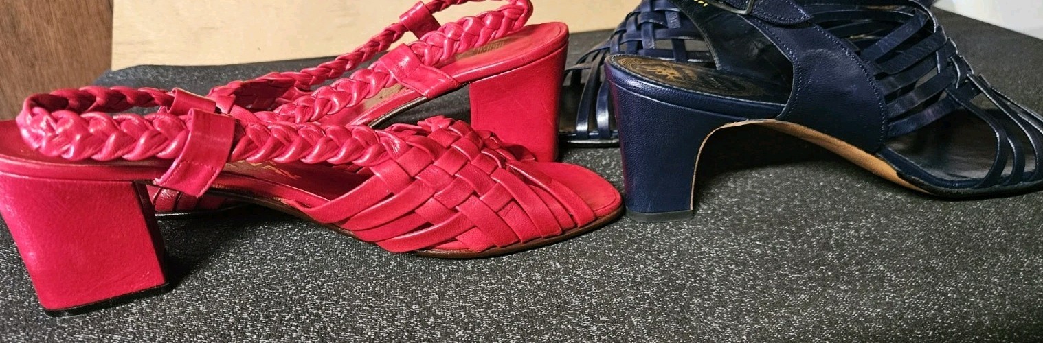 2 Pair Deadstock 60’s Streicher’s Womens 8.5 Leather Strappy Sling Heel Sandals