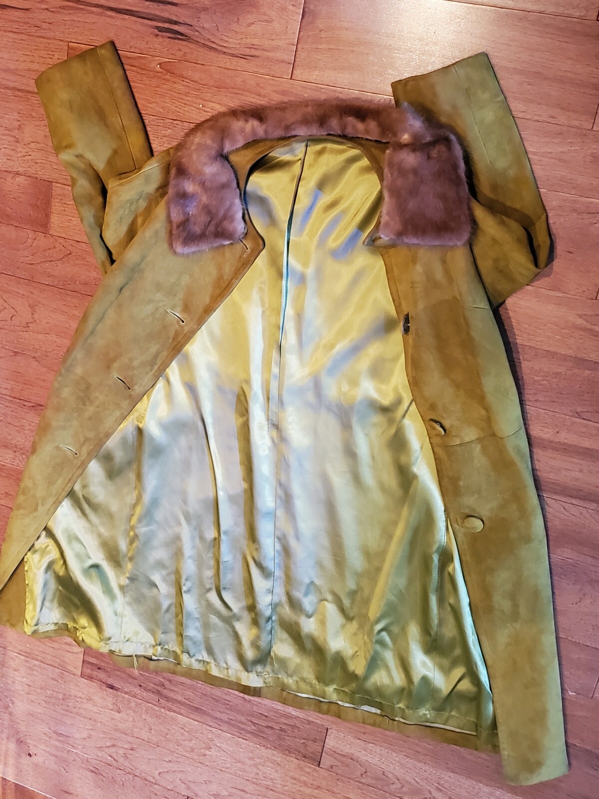 Vtg Suede Leather Coat Jacket With Real Fur Collar 1960s Mod Retro Teal Green S