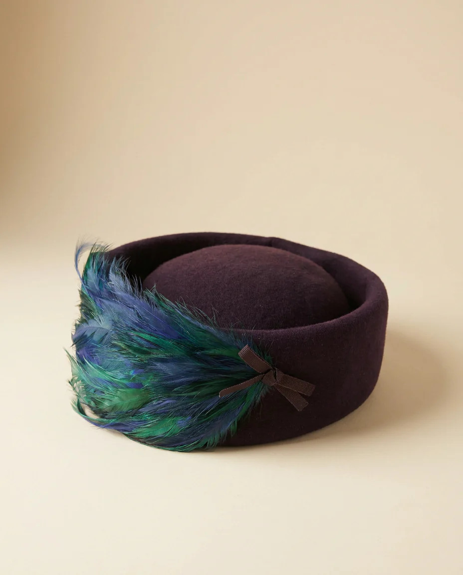 Vintage Gage Original Pillbox Hat 1950s Eggplant Wool Feather Cocktail Hat Blue