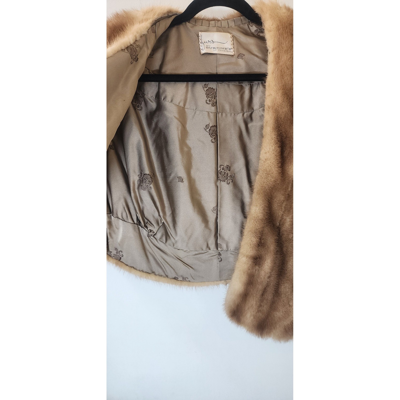 VTG Burdine’s of Florida Mink Fur Stole Jacket Brown Cuffed Sleeve Shawl Coat