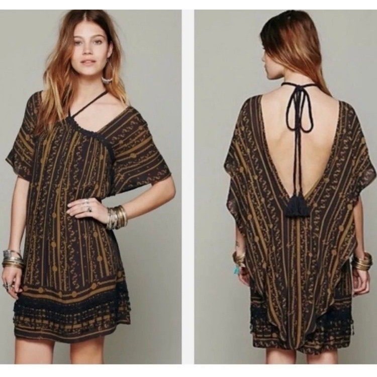 Free People Boho Mini Dress Purple Gold Tassel Crochet Fairy Festival XS PTP:19
