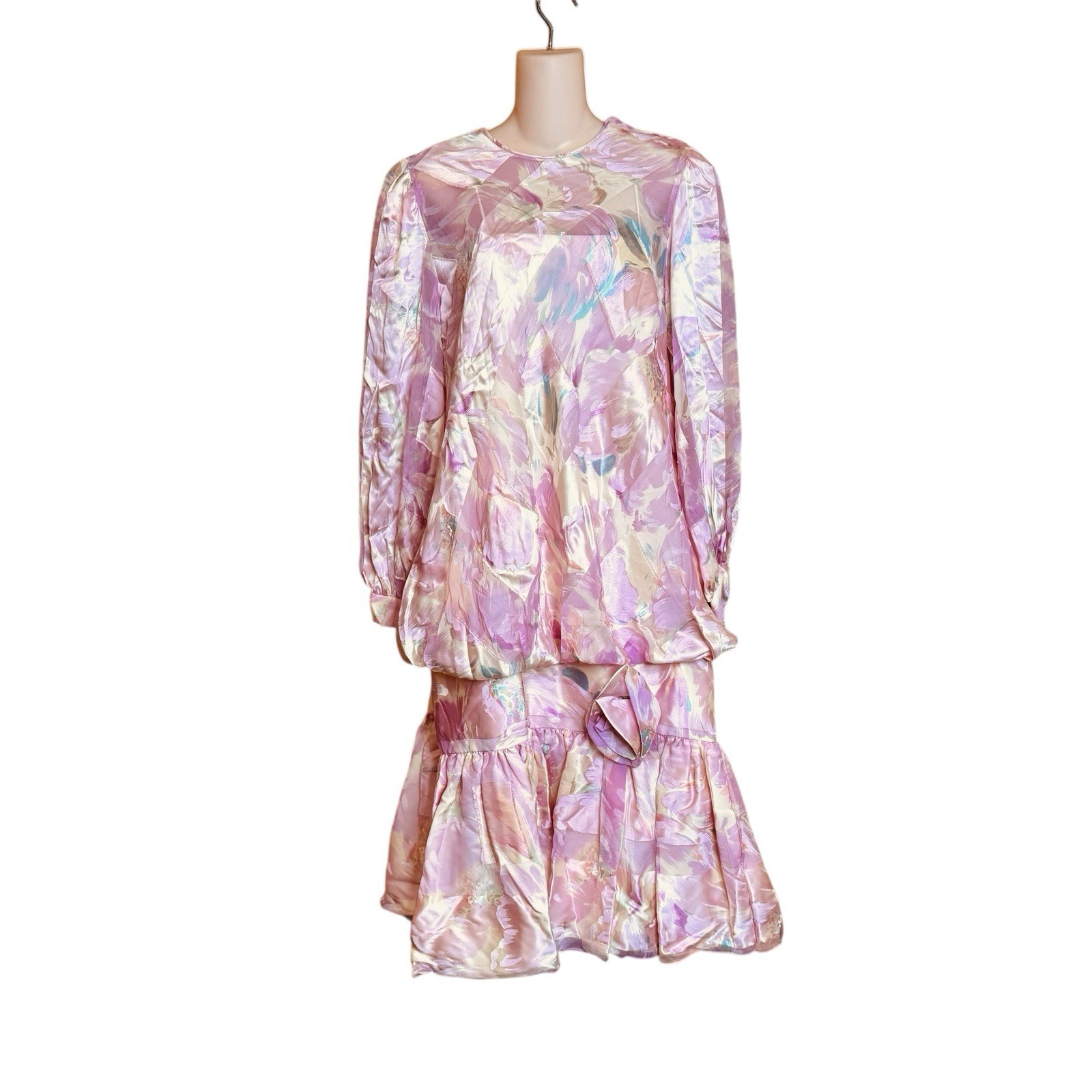 Vintage 80s Pastel Drop Waist 20s Pink Floral Blouson Dress Silky L/XL 40X38X46