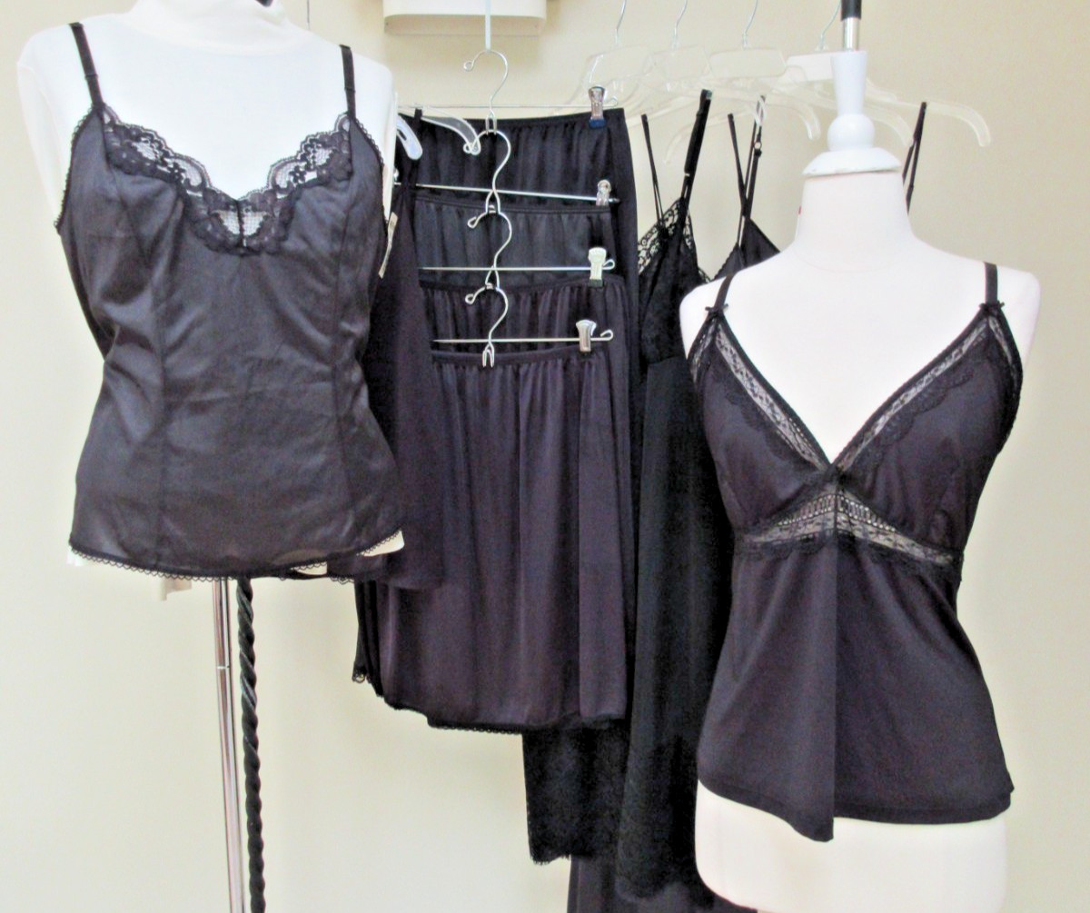 12 Pc *ALL BLACK* Lingerie Camisoles Full Dress & Half Slips Lot Vtg–Modern ab6