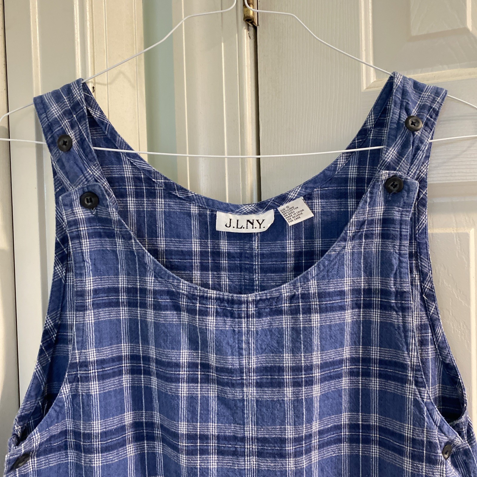 Vintage JLNY Cotton/Linen Blue Plaid Jumper With Pockets Size Small