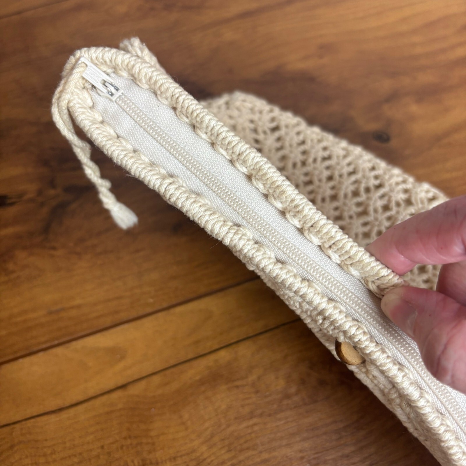Handmade Macrame Clutch With Wooden Beads & Zipper Closure Boho Retro vintage