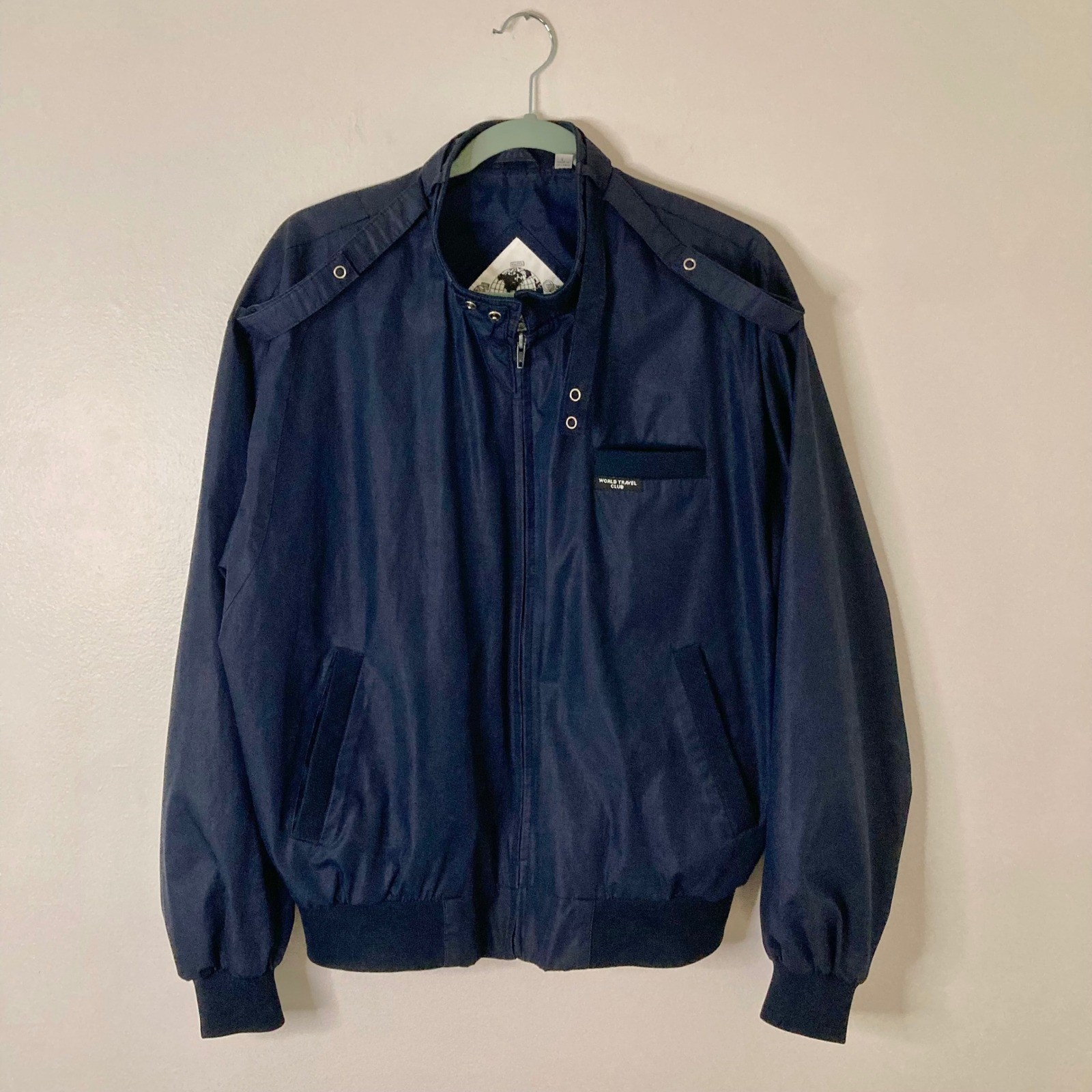 Vintage World Travel Club Cafe Racer Bomber Jacket Navy Blue Men’s Large