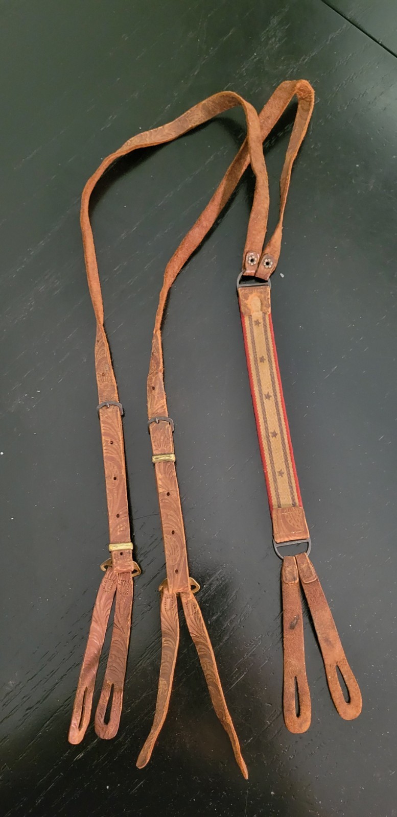 Vintage/Antique Leather, Elastic Suspenders Western Look w/ Blue Stars