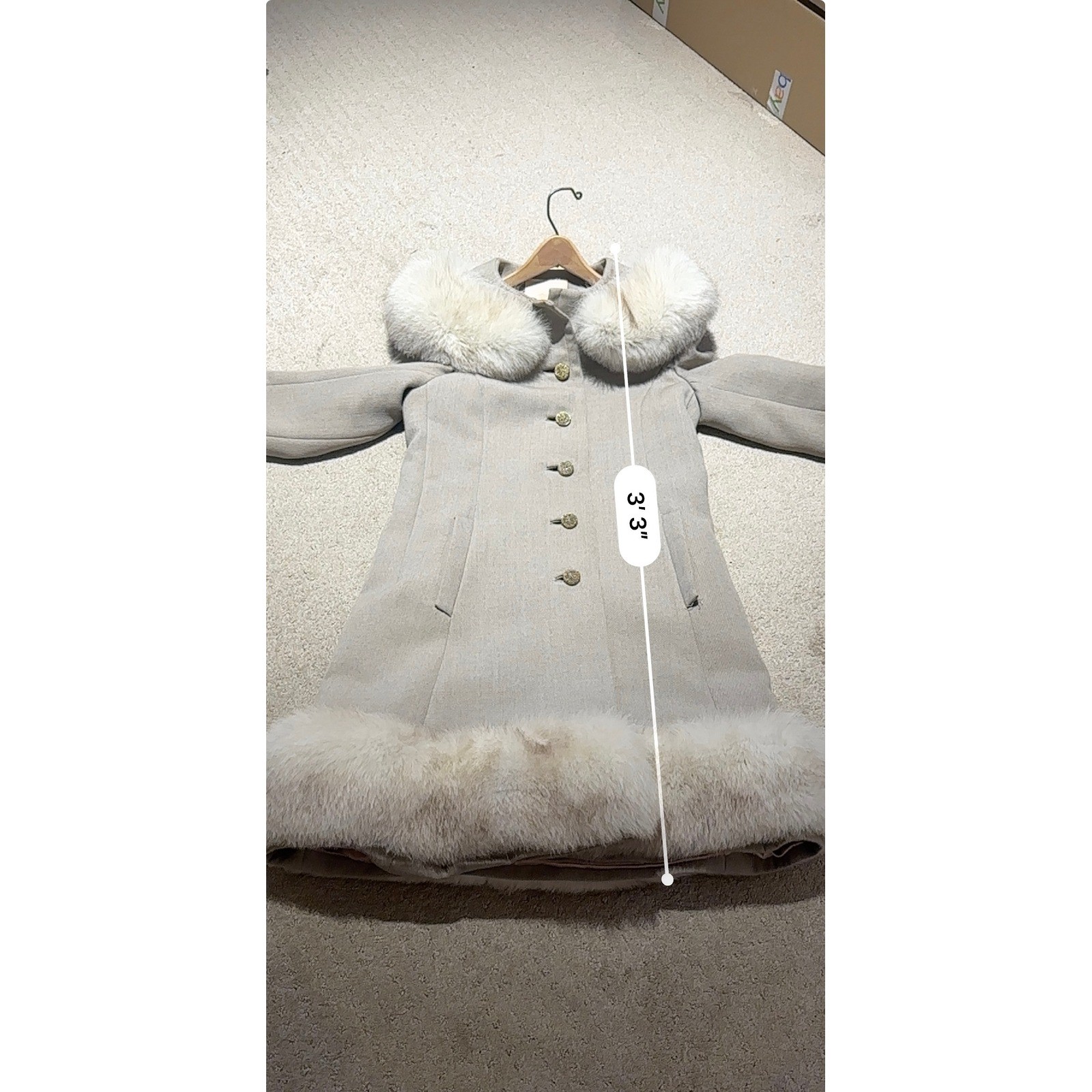 Vintage Saks Fifth Avenue Wool Coat Fur Trim Collar Hem Gold Button Taupe Grey